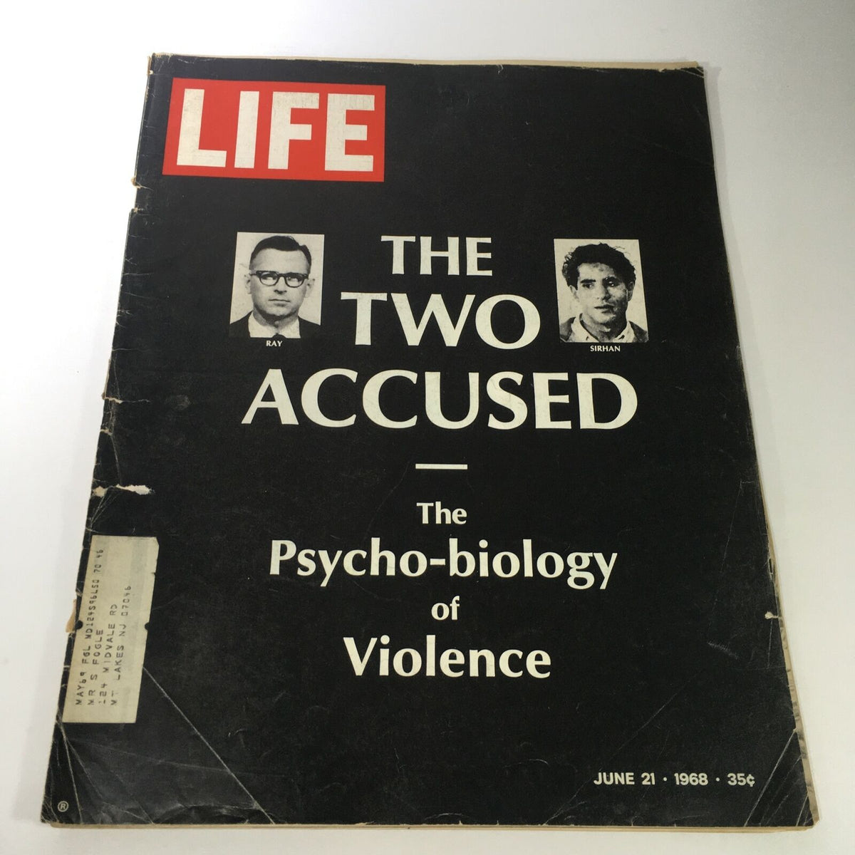 Cover of VTG Life Magazine June 21 1968 featuring David Parker Ray and Sirhan Sirhan, titled 'THE TWO ACCUSED: The Psycho-biology of Violence'.