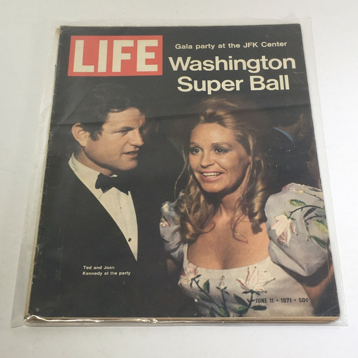 VTG Life Magazine: June 11 1971 cover featuring Ted and Joan Kennedy at the Washington Super Ball gala party, showcasing classic vintage design and historical significance.