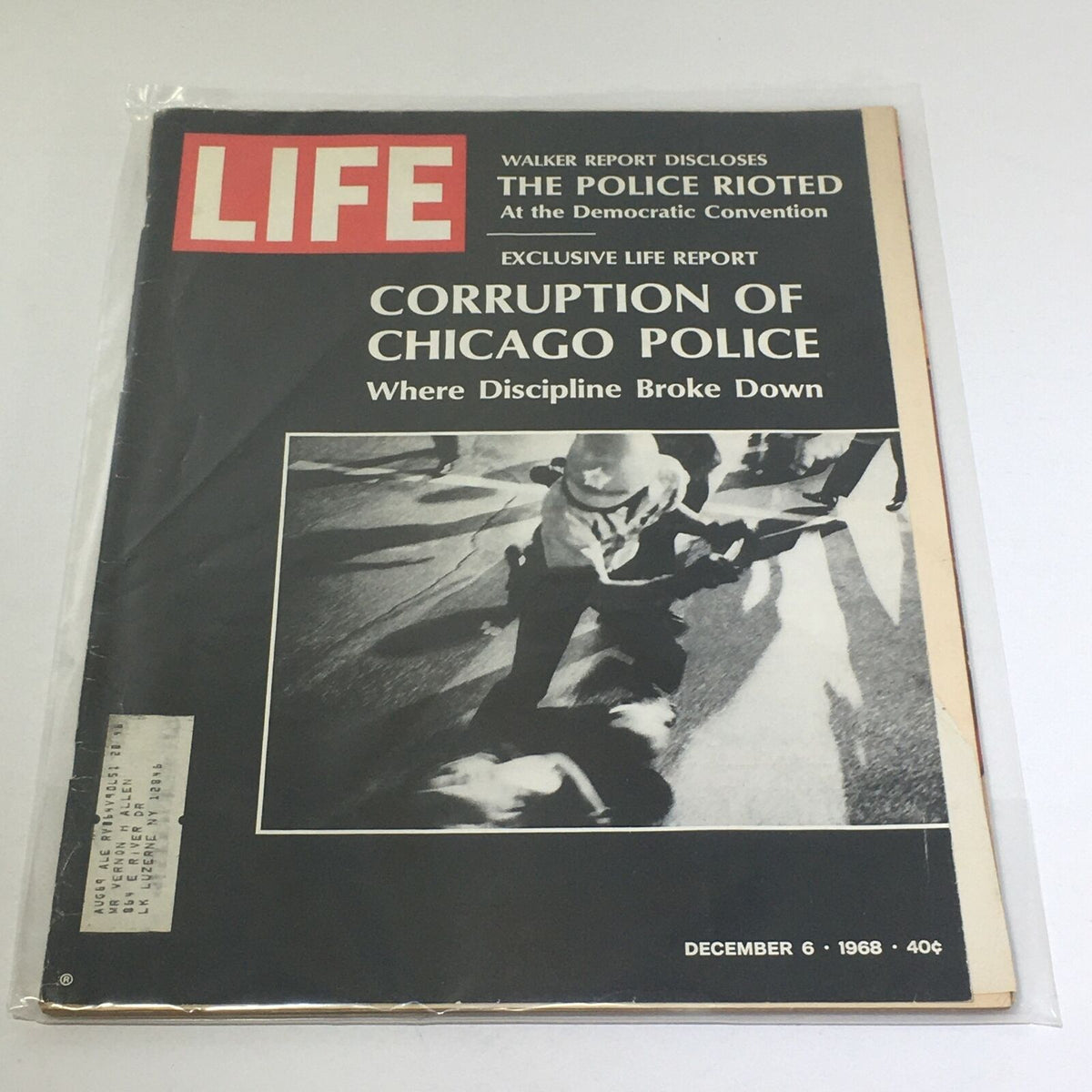 Vintage Life Magazine cover from December 6, 1968, featuring the title 'Corruption of Chicago Police - Where Discipline Broke Down'. The cover depicts a dramatic black-and-white photograph related to police misconduct during the 1968 Democratic Convention.