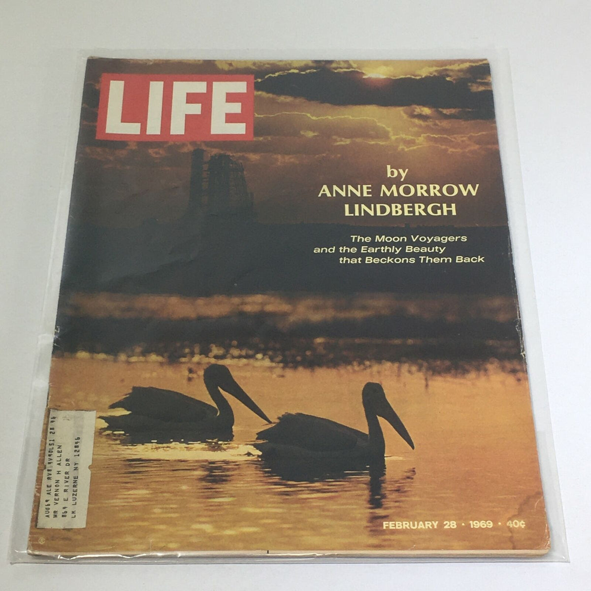 Vintage Life Magazine cover from February 28, 1969 featuring Anne Morrow Lindbergh's article "The Moon Voyagers" with a sunset backdrop and pelicans in the foreground.