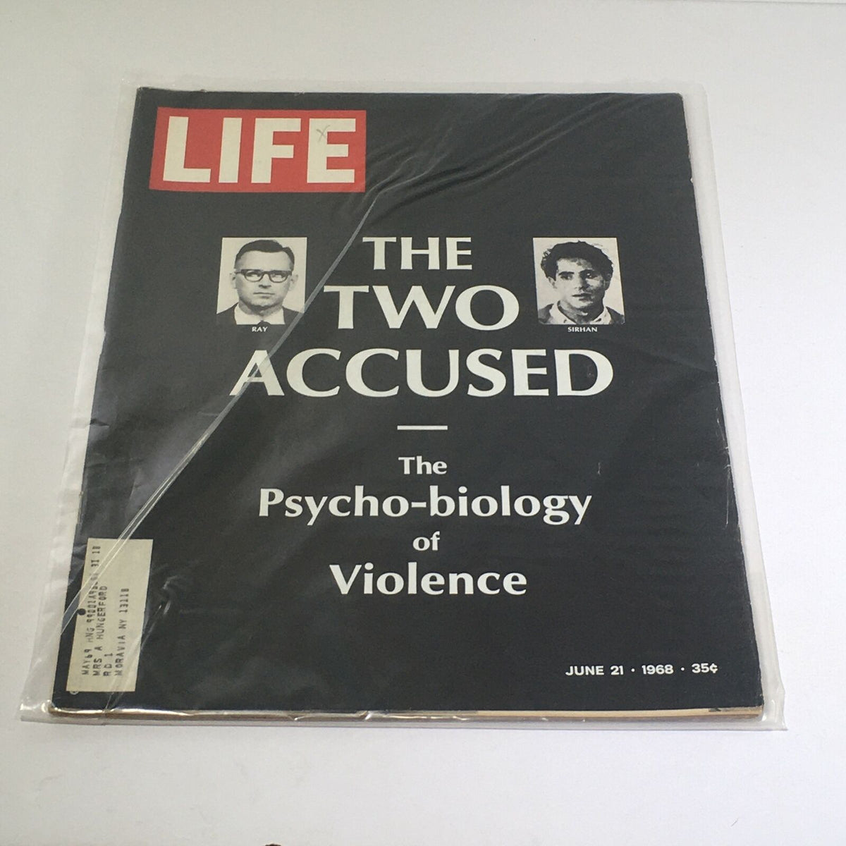 Cover of VTG Life Magazine from June 21, 1968 featuring 'The 2 Accused' and 'The Psycho-Biology of Violence', showcasing two photographs of accused individuals, along with the magazine's title and publication date.