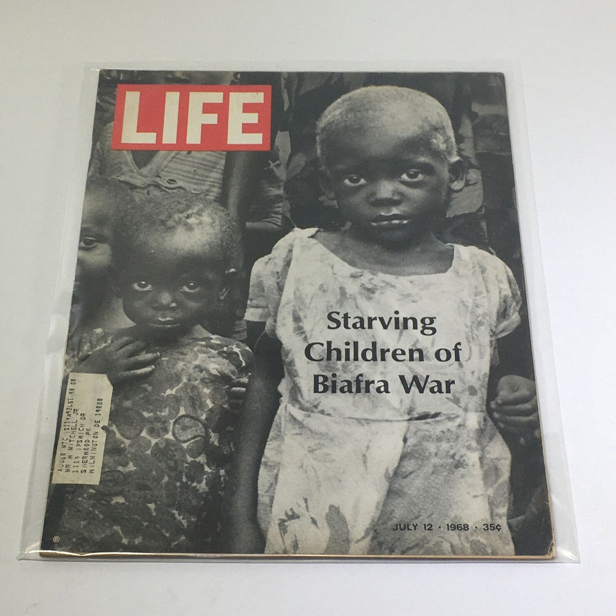 VTG Life Magazine dated July 12, 1968, featuring a black and white cover depicting starving children affected by the Biafra War, highlighting a significant moment in history.