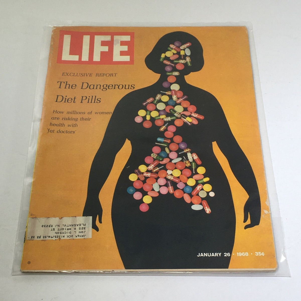 Cover of VTG Life Magazine dated January 26, 1968, featuring the headline 'The Dangerous Diet Pills' with a silhouette of a woman adorned with colorful pills. The image explores issues related to health and diet, reflecting the concerns of the era.