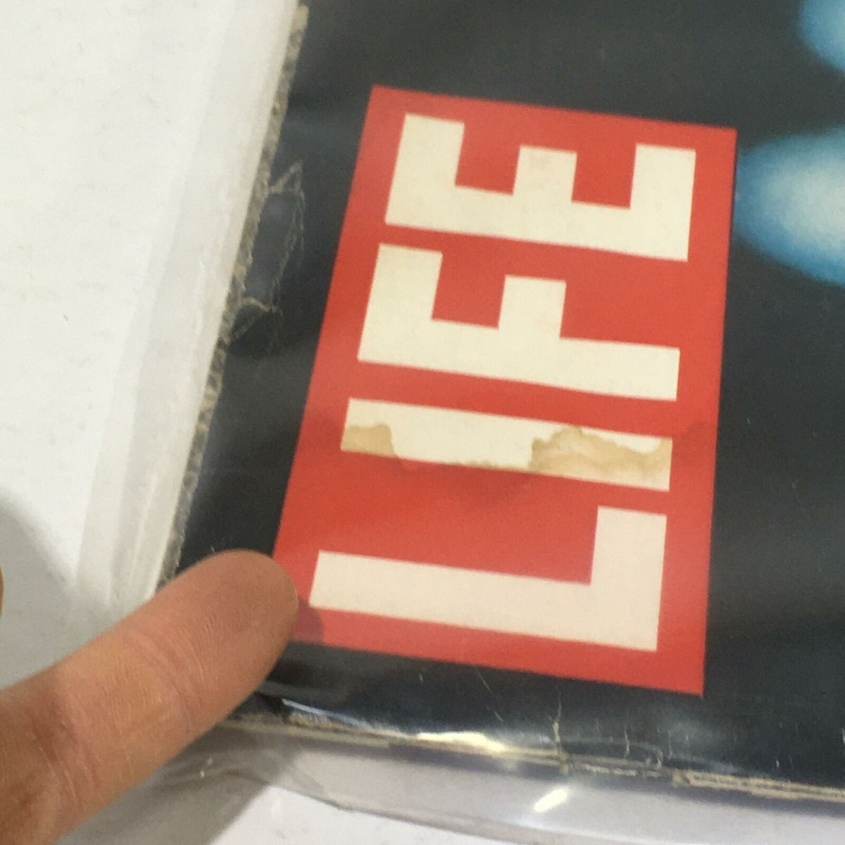 Detail showing the vintage cover of VTG Life Magazine April 19, 1968, with the title 'LIFE' at the top, reflecting the magazine's historical significance.