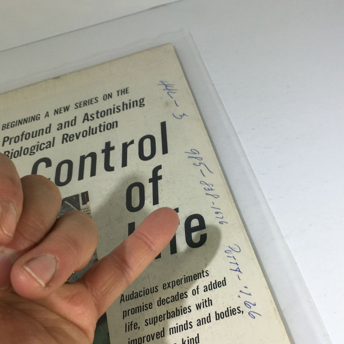 Close-up view of the cover of VTG Life Magazine dated September 10, 1965, showcasing 'Control of Life' and handwritten notes, emphasizing the magazine's vintage condition and historical significance.