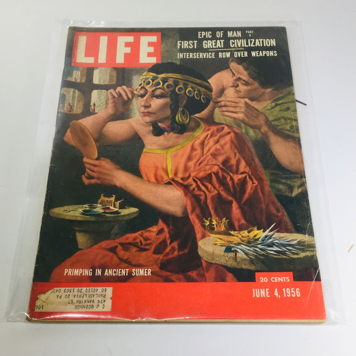Cover of VTG Life Magazine from June 4, 1956, featuring the cover story 'Primping in Ancient Sumer' along with a depiction of beauty rituals in historical context.