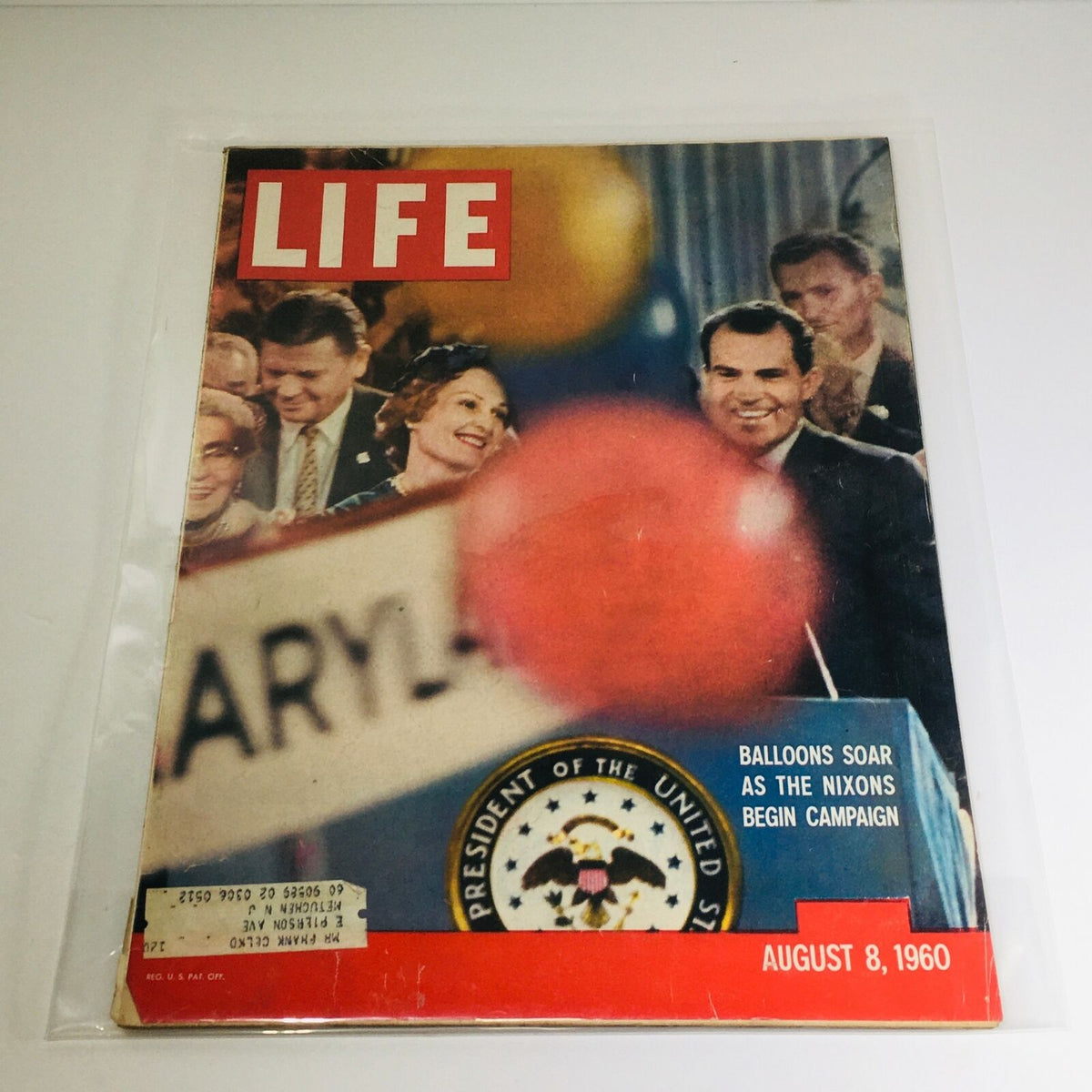 Vintage Life Magazine cover from August 8, 1960, featuring balloons as the Nixons begin their campaign, showcasing a historical moment in American political history.