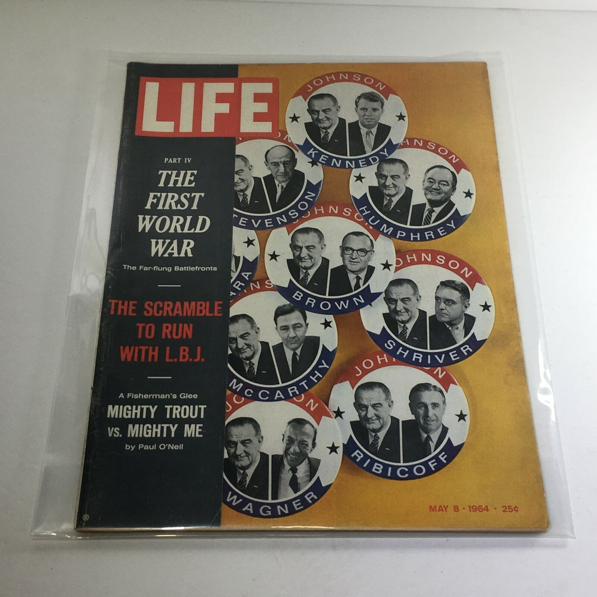 VTG Life Magazine May 8 1964 featuring presidential election button up with prominent political figures' photographs, including Johnson and Kennedy, reflecting American political history.