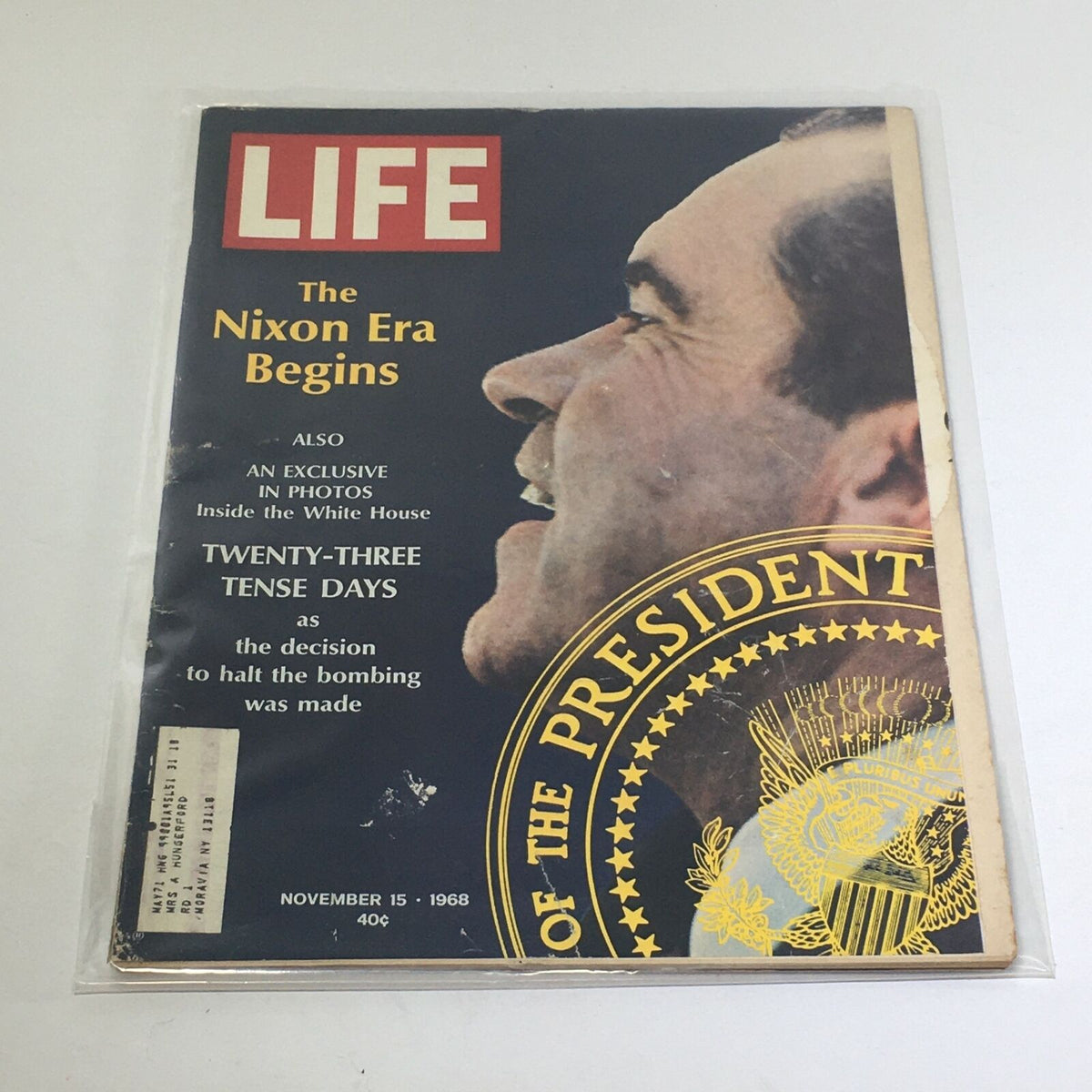 Cover of VTG Life Magazine dated November 15, 1968, featuring the title 'The Nixon Era Begins' along with images relating to the political climate of the time.