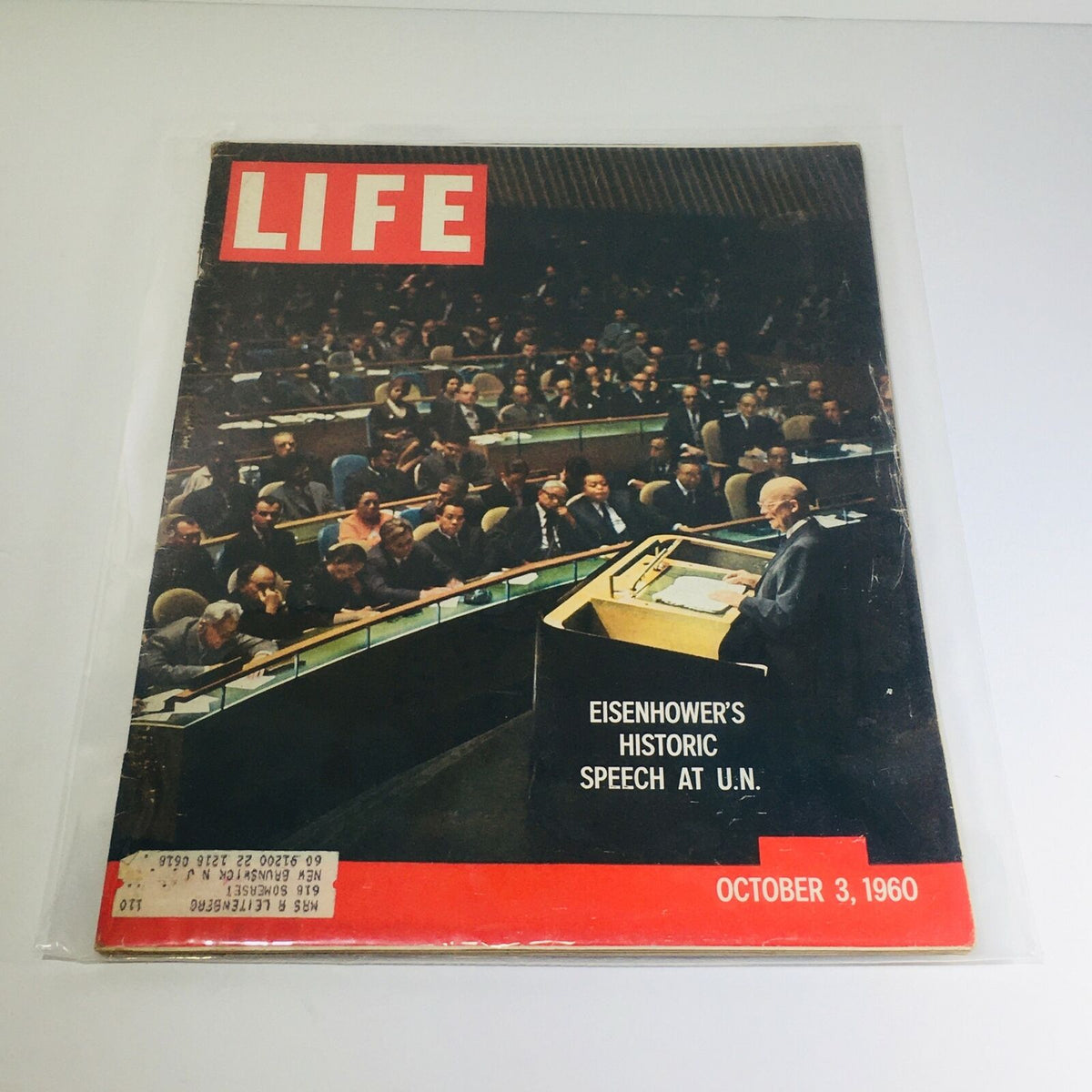 Vintage Life Magazine from October 3, 1960 featuring Eisenhower's Historic Speech at the United Nations, showcasing the magazine cover with the title 'LIFE' and a photo of the UN General Assembly.