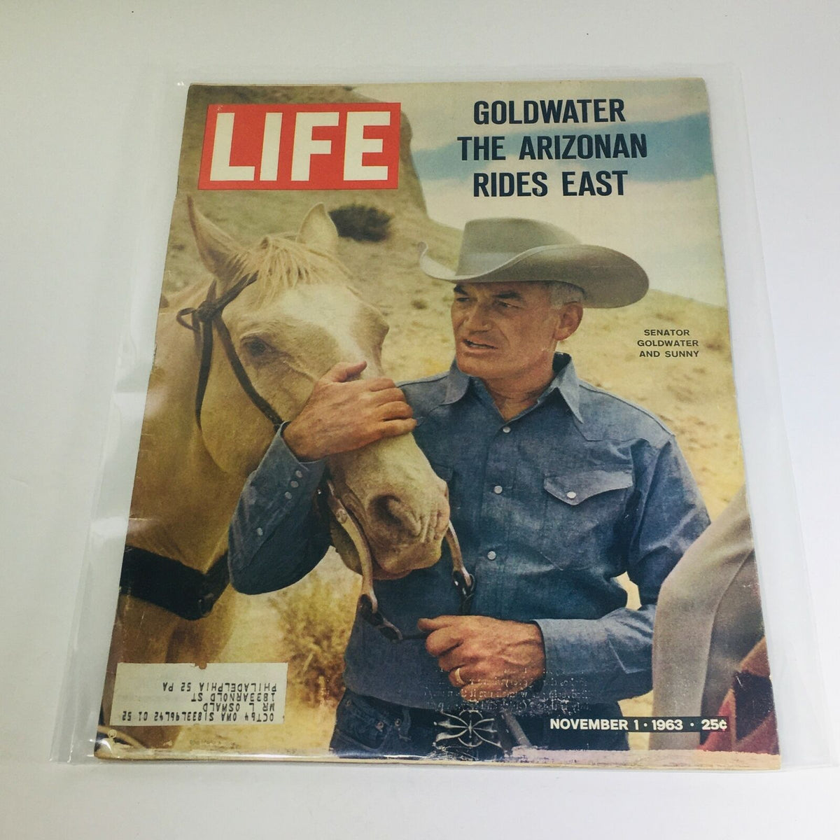 VTG Life Magazine November 1 1963 cover featuring Senator Goldwater with a horse, titled 'Goldwater The Arizonan Rides East'. This vintage magazine captures a moment in American political history.