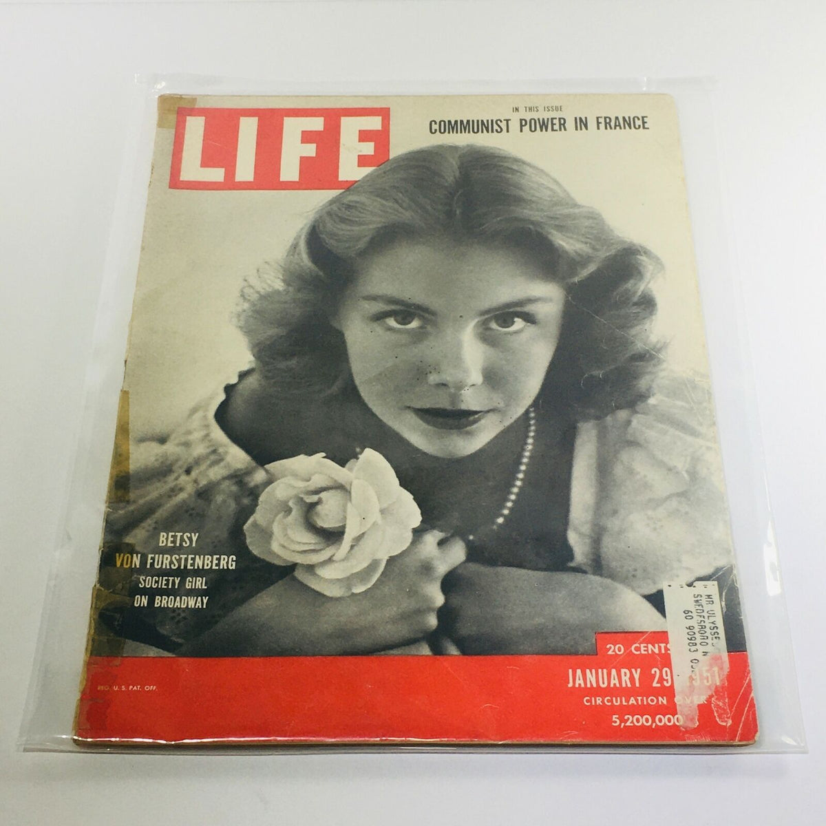 Vintage VTG Life Magazine cover from January 29, 1951, featuring Betsy Von Furstenberg, a society girl on Broadway, showcasing mid-century glamour.