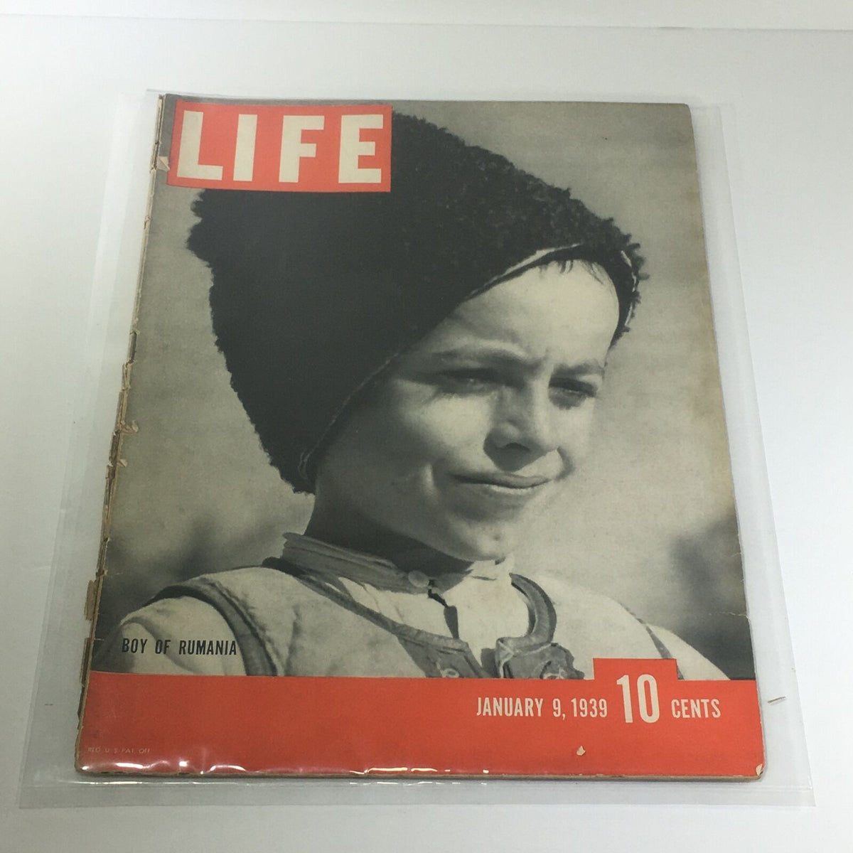Vintage Life Magazine Cover from January 9, 1939, featuring the captivating cover story 'Boy Of Rumania'. The cover showcases a young boy in traditional attire, embodying cultural essence.