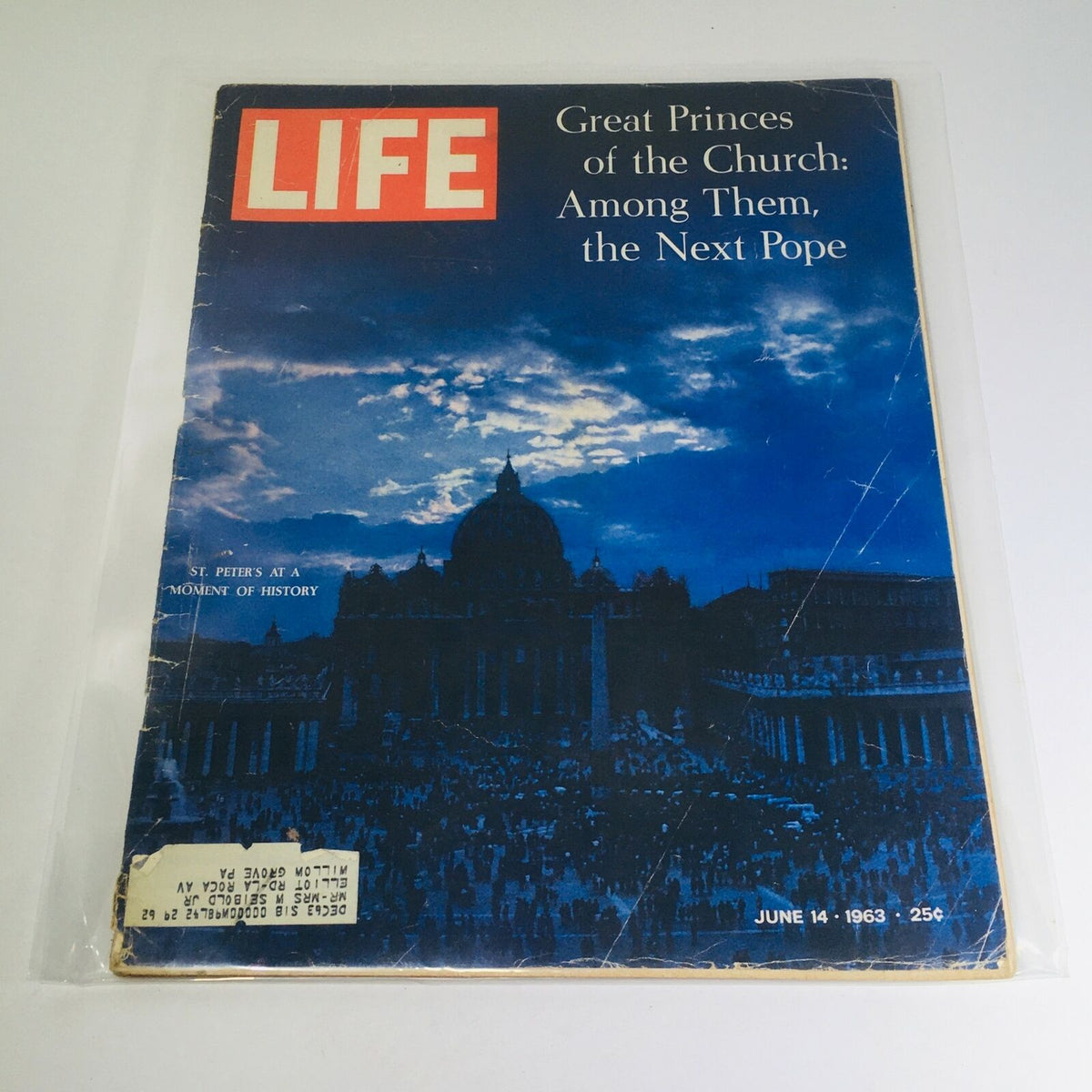 Cover of VTG Life Magazine from June 14, 1963, featuring the title 'Great Princes of the Church: The Next Pope' with a backdrop of St. Peter's Basilica.