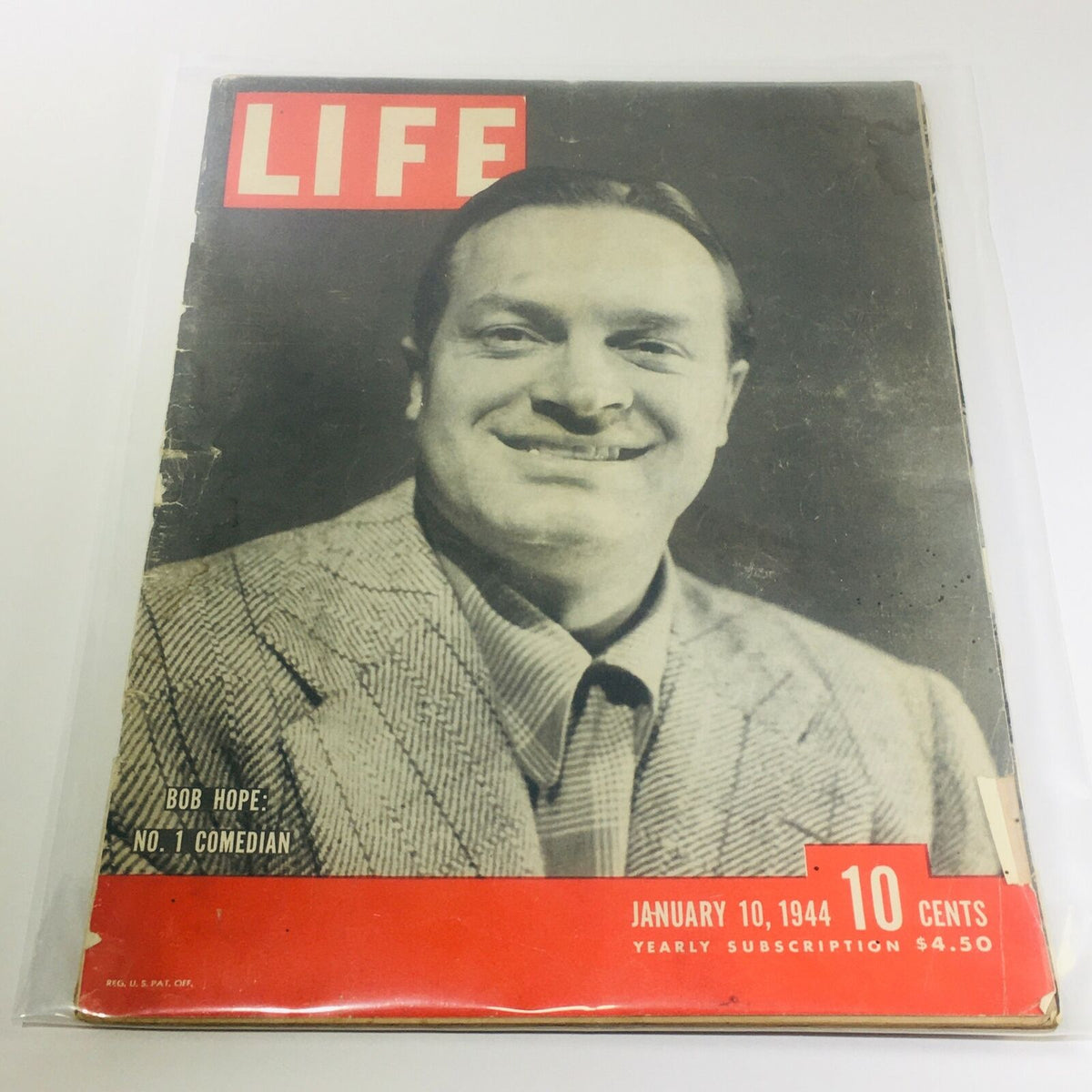 Vintage Life magazine cover featuring Bob Hope, the No. 1 Comedian, dated January 10, 1944, showcasing wartime humor and history.