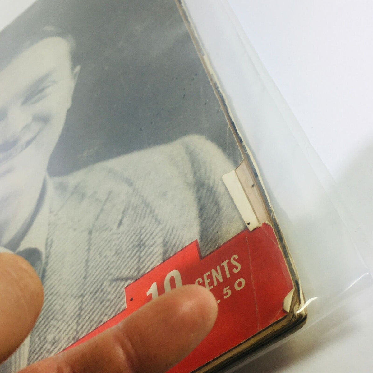 Detailed angle of the vintage Life magazine with Bob Hope on the cover, showcasing the magazine's age and condition, including a protective plastic covering.