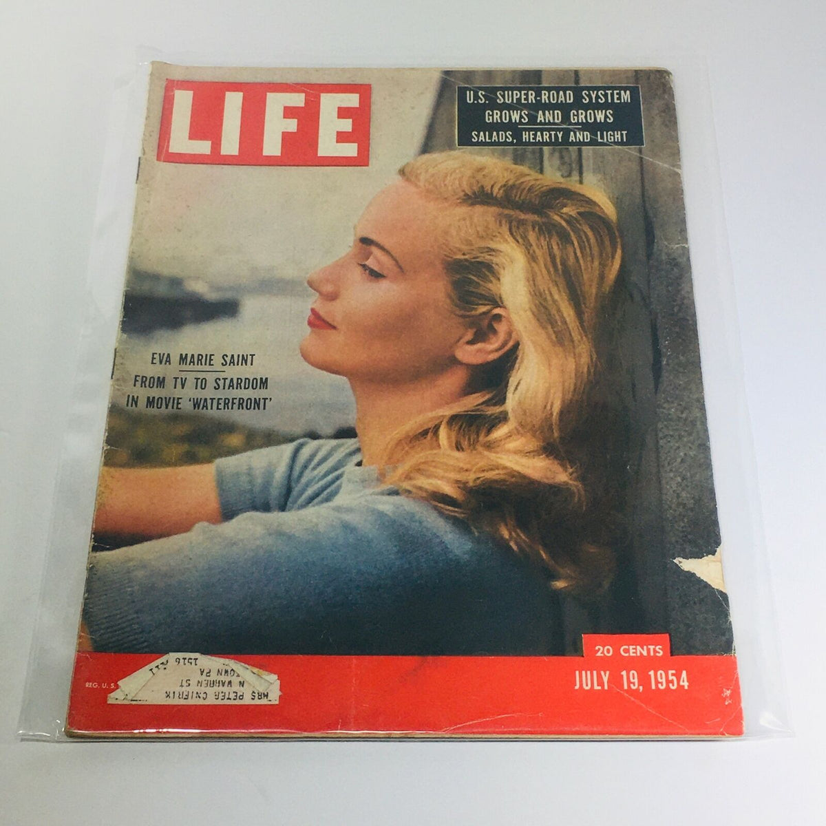 Vintage Life Magazine Cover from July 19, 1954 featuring Eva Marie Saint, showcasing the U.S. Super Road System and salad recipes.