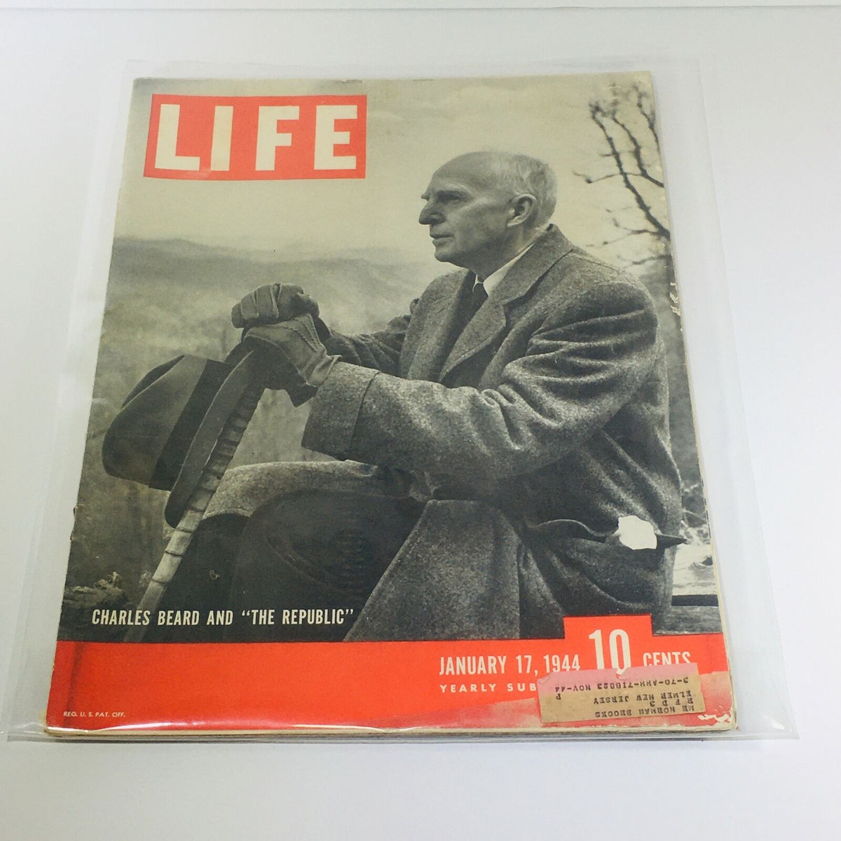 Vintage Life Magazine from January 17, 1944 featuring Charles Beard and 'The Republic', showcasing historical themes and striking black and white cover art.