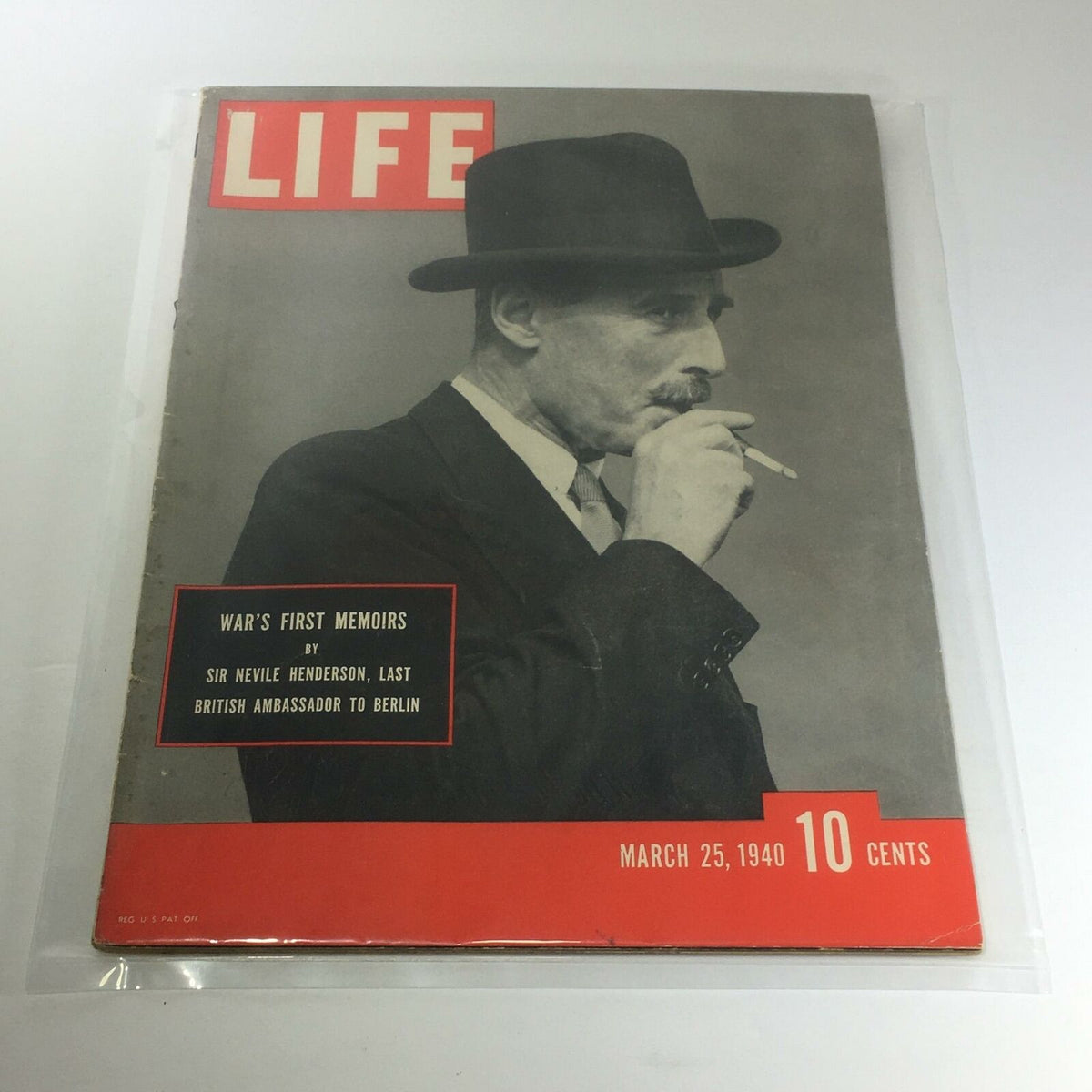 Cover of Vintage Life Magazine, March 25, 1940, featuring 'War's First Memoirs' by Sir Nevile Henderson, showcasing a man in a hat and suit.