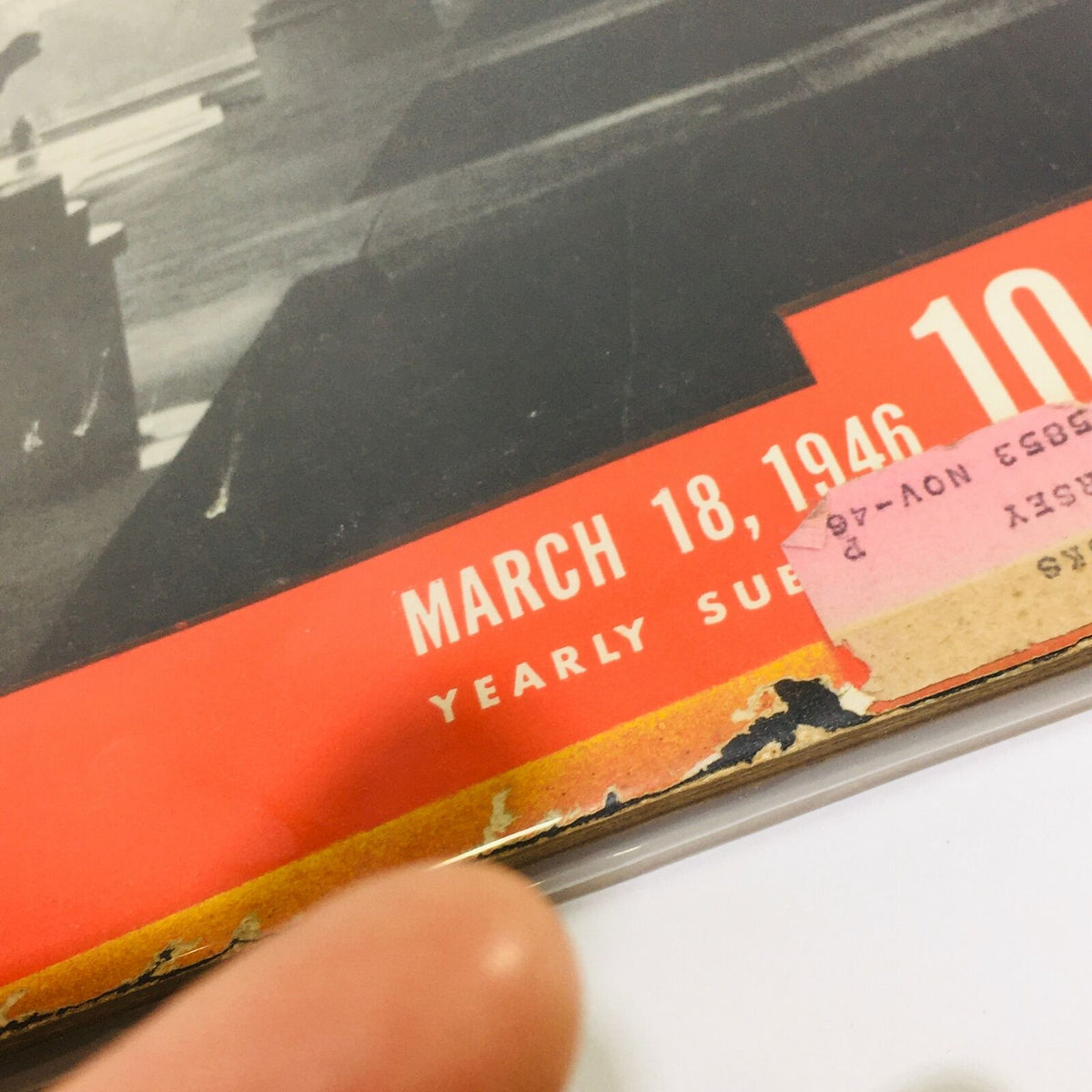 Close-up view showcasing the date and subscription details on the cover of the VTG Life Magazine, March 18, 1946, highlighting its vintage appeal.