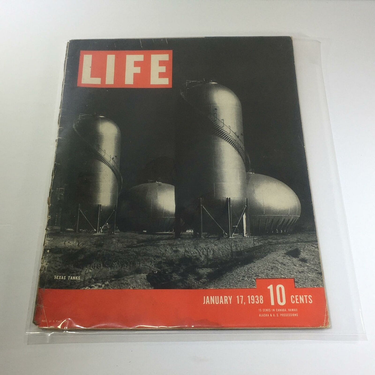Cover of Vintage Life Magazine dated January 17, 1938, featuring an image of large Texas Tanks. The magazine showcases historical context and captivating stories from the era.