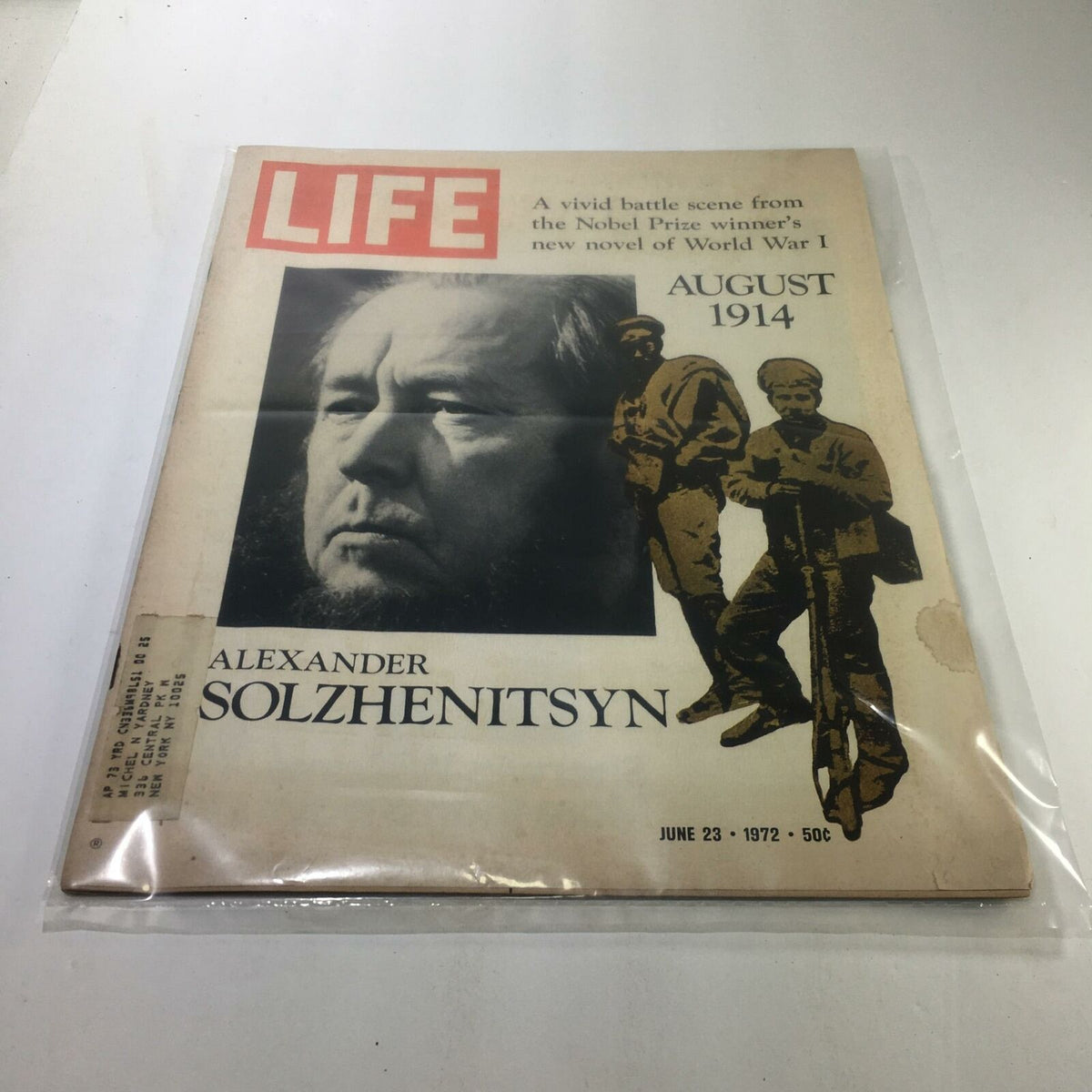 Cover of Life Magazine from June 23, 1972 featuring Alexander Solzhenitsyn and a vivid battle scene from August 1914, highlighting historical significance and literary value.