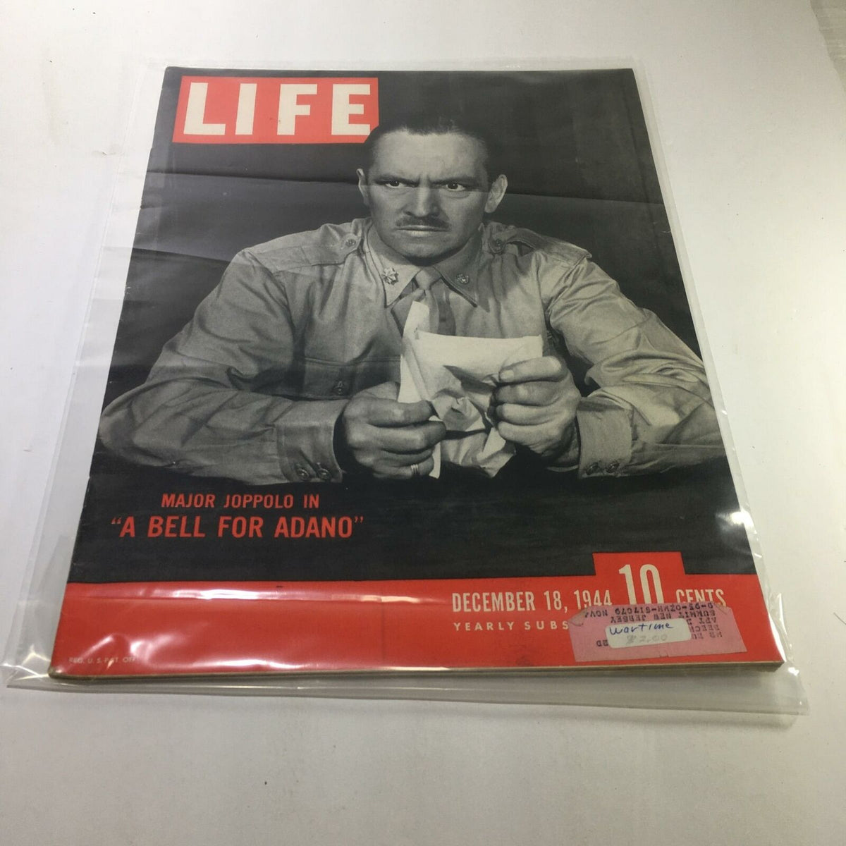 Vintage Life Magazine cover from December 18, 1944 featuring Major Joppolo in 'A Bell for Adano'. The cover showcases the dramatic image of a man in military uniform, emphasizing the themes of war and humanity.