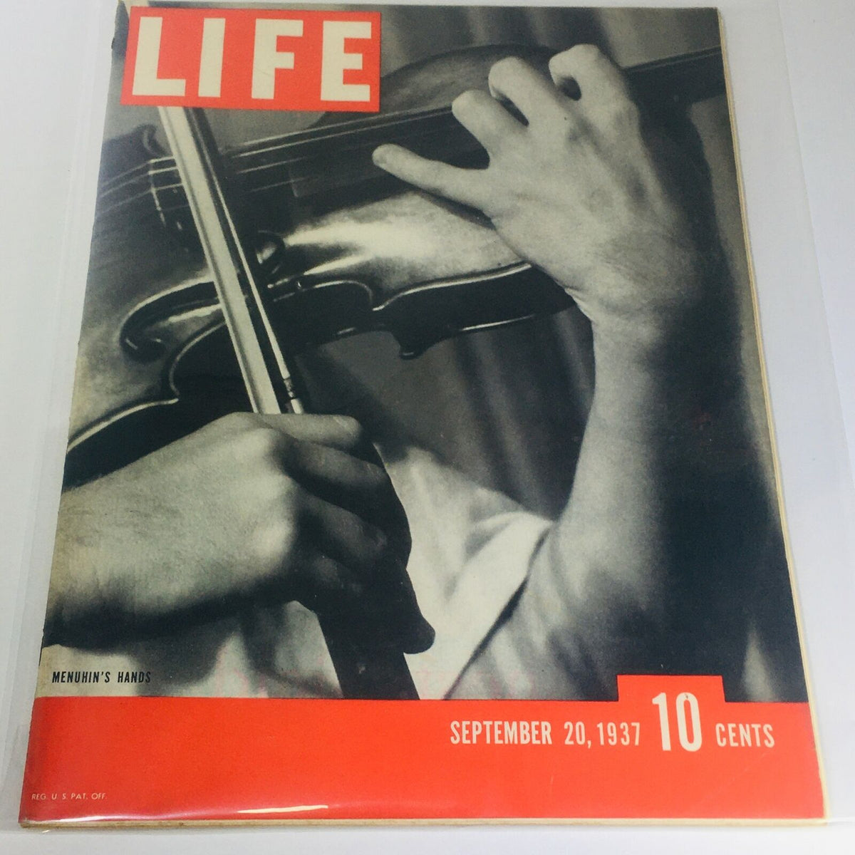 Cover of Vintage Life Magazine dated September 20, 1937, featuring an image of Yehudi Menuhin's hands on a violin, showcasing the cultural significance of classical music in pre-World War II America.