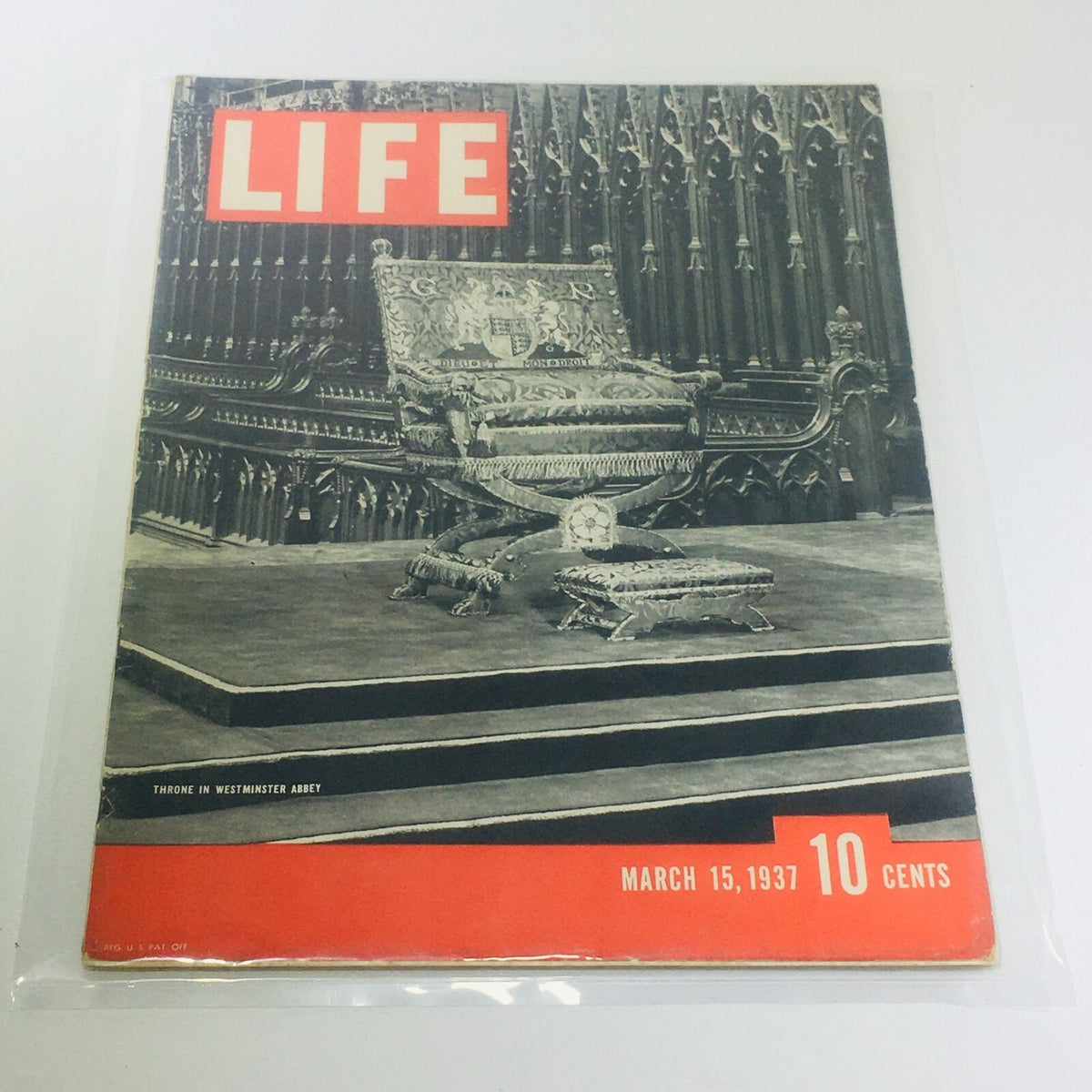 Vintage Life Magazine cover from March 15, 1937 featuring the article 'Throne In Westminster Abbey', showcasing ornate throne details with historical significance.