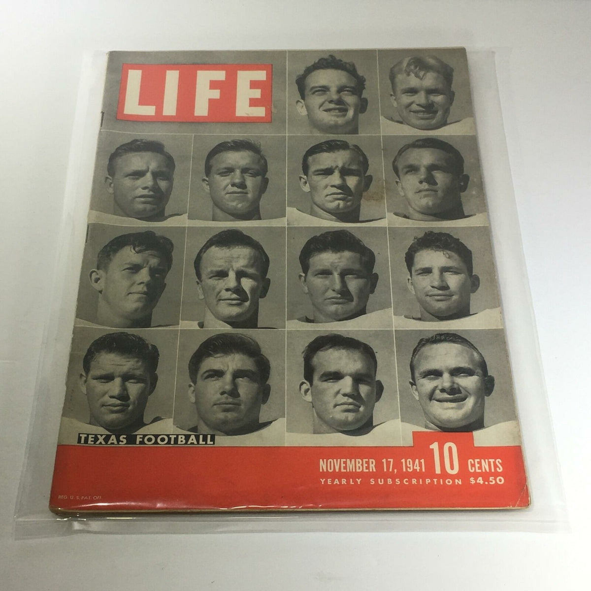 Vintage Life Magazine: November 17 1940 - Texas Football featuring a collection of football players' portraits on the cover, highlighting the sports culture of Texas during that era.