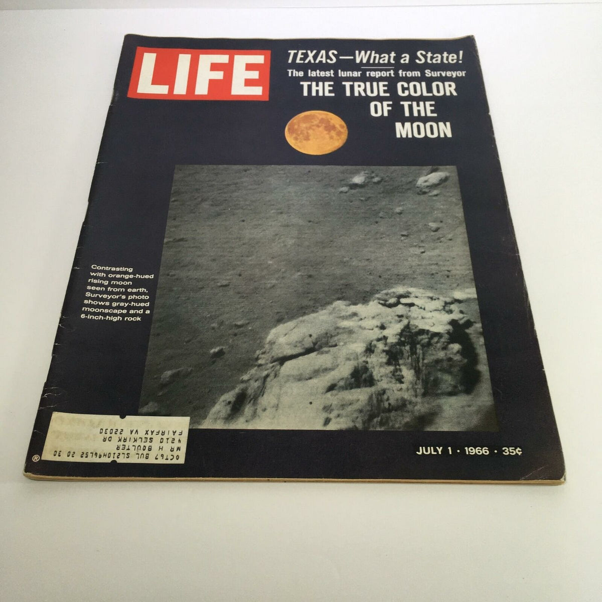 Cover of Life Magazine, July 1, 1966, featuring a photographic representation of the moon titled 'The True Color of the Moon' alongside the feature article 'Texas - What a State!' with details of the magazine's vintage appeal.