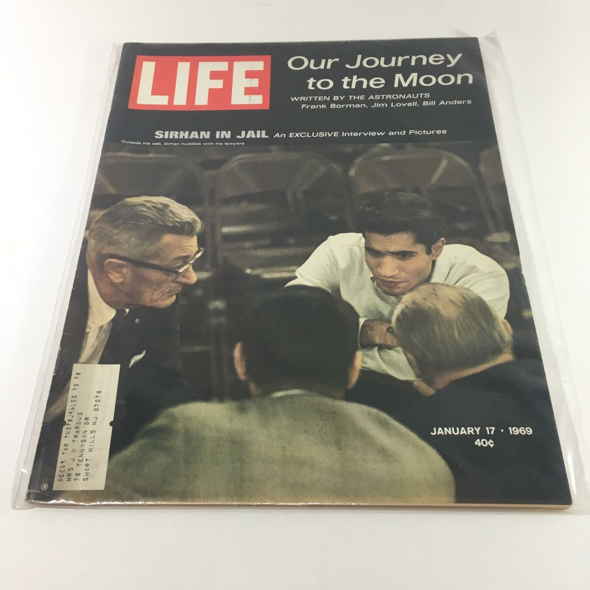 Cover of VTG Life Magazine January 17 1969 featuring an article titled 'Our Journey to The Moon' and a focus on Sirhan in Jail, including images of a courtroom setting.