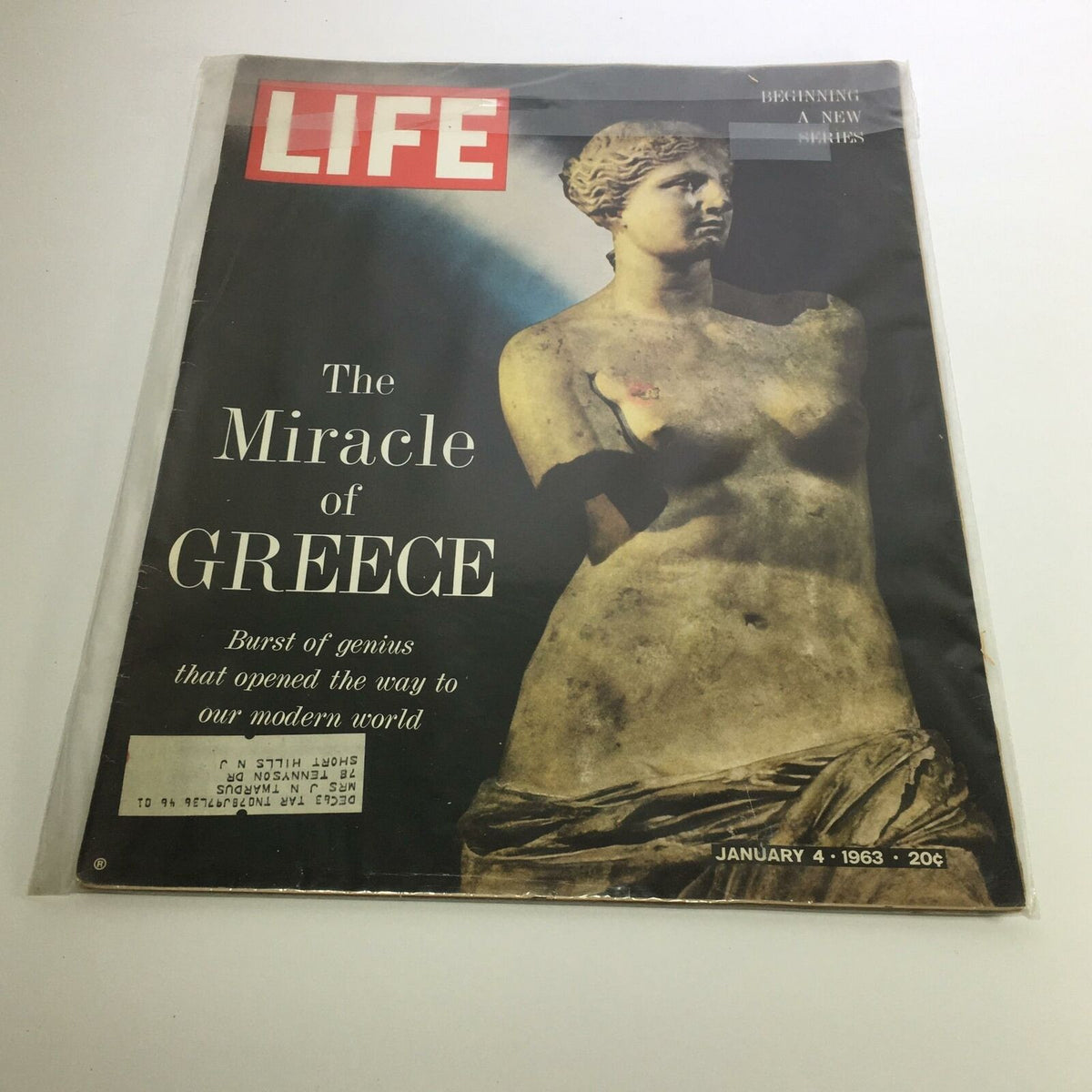 Cover of Life Magazine January 4, 1963 featuring the title 'The Miracle of Greece' with a classic sculpture, highlighting the theme 'Burst of genius that opened the way to our modern world'.
