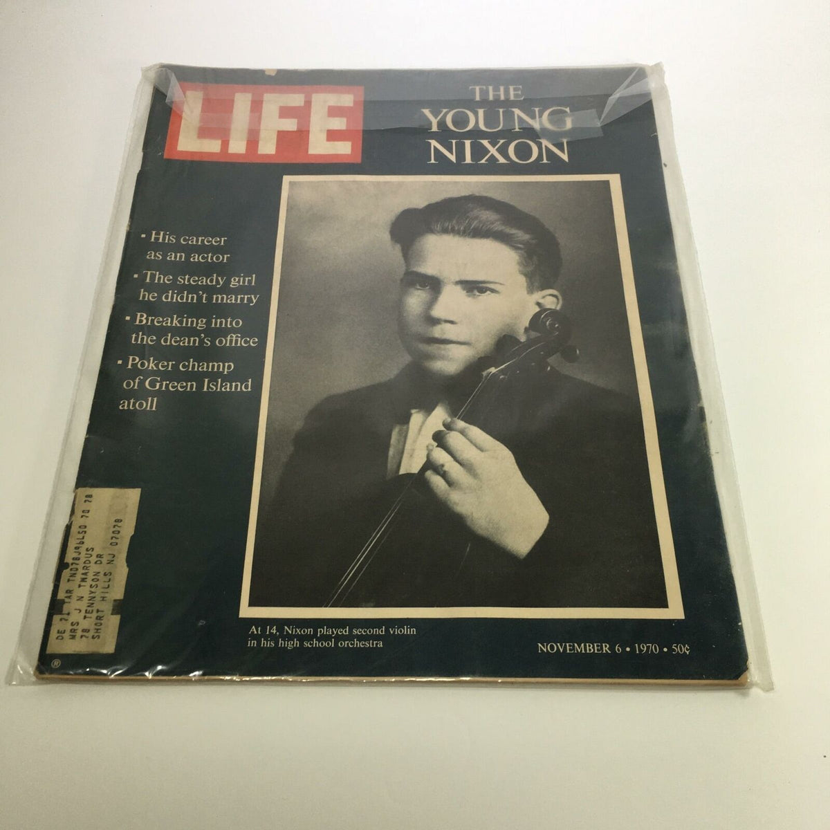 Cover of Life Magazine from November 6, 1970, featuring the story 'The Young Richard Nixon Played Second Violin', showcasing a young Nixon holding a violin.