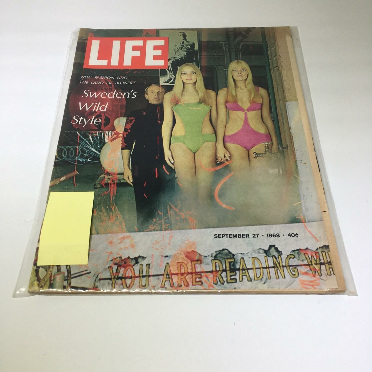 Cover of VTG Life Magazine from September 27, 1968, featuring the title "The Land of Blondes: Sweden's Wild Style" along with images of models in colorful swimsuits, showcasing 1960s fashion and culture.