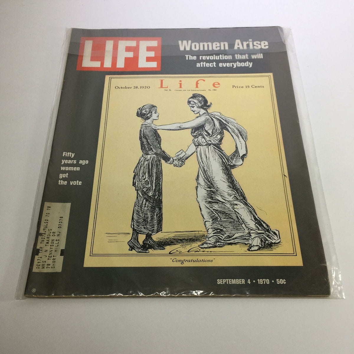 Cover of Life Magazine from September 4, 1970 featuring the title 'Women Arise: The Revolution Will Affect Everybody', depicting two women shaking hands with a historical backdrop.