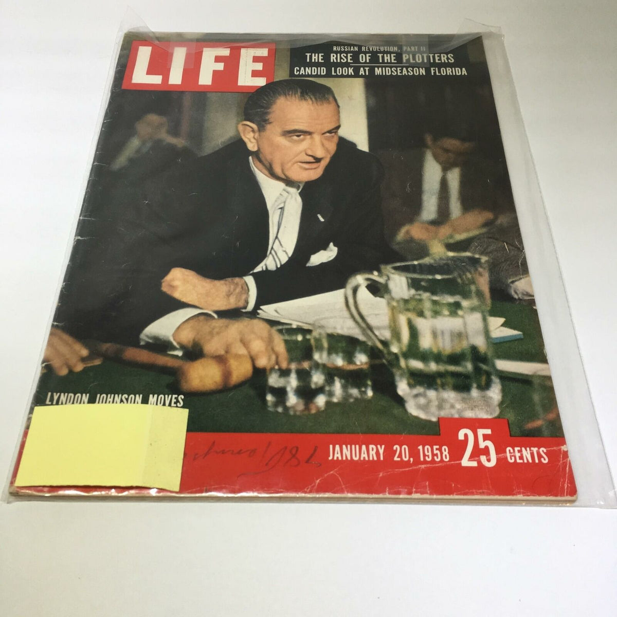 Cover of VTG Life Magazine from January 20, 1958, featuring Lyndon Johnson. The magazine includes topics such as the Russian Revolution Part II, alongside an image of Johnson in a formal setting, emphasizing his role in pivotal political events.