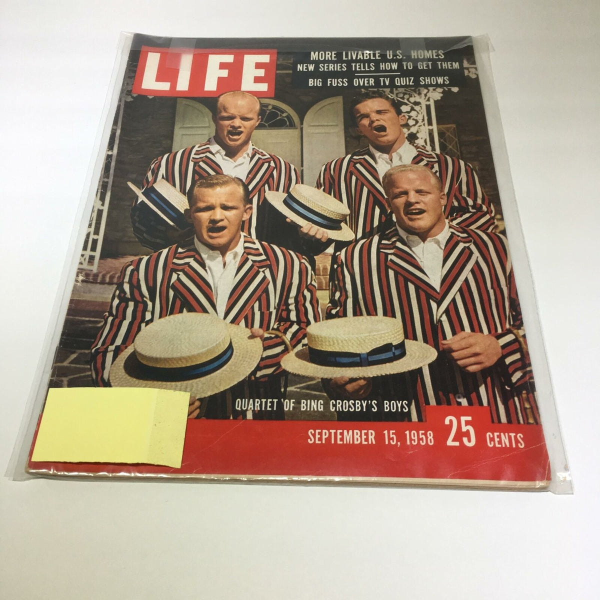 Vintage Life Magazine cover from September 15, 1958, featuring the Quartet of Bing Crosby's Boys, showcasing a colorful image of the four singers in striped blazers and straw hats.