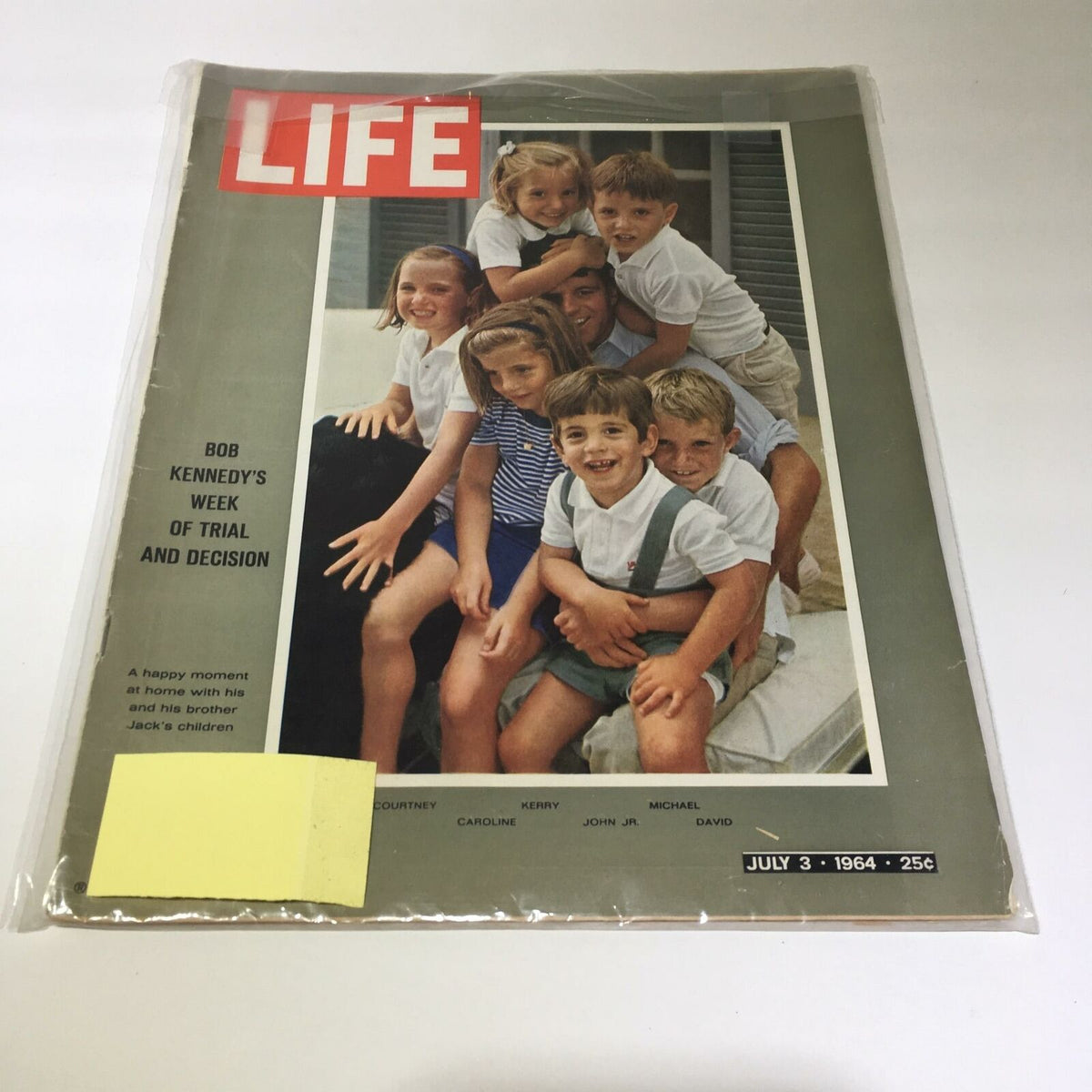 Cover of Vintage Life Magazine from July 7, 1964, featuring the article 'Bob Kennedy's Week of Trial and Decision.' The cover displays a happy family moment with children and Bob Kennedy, highlighting a significant historical event.