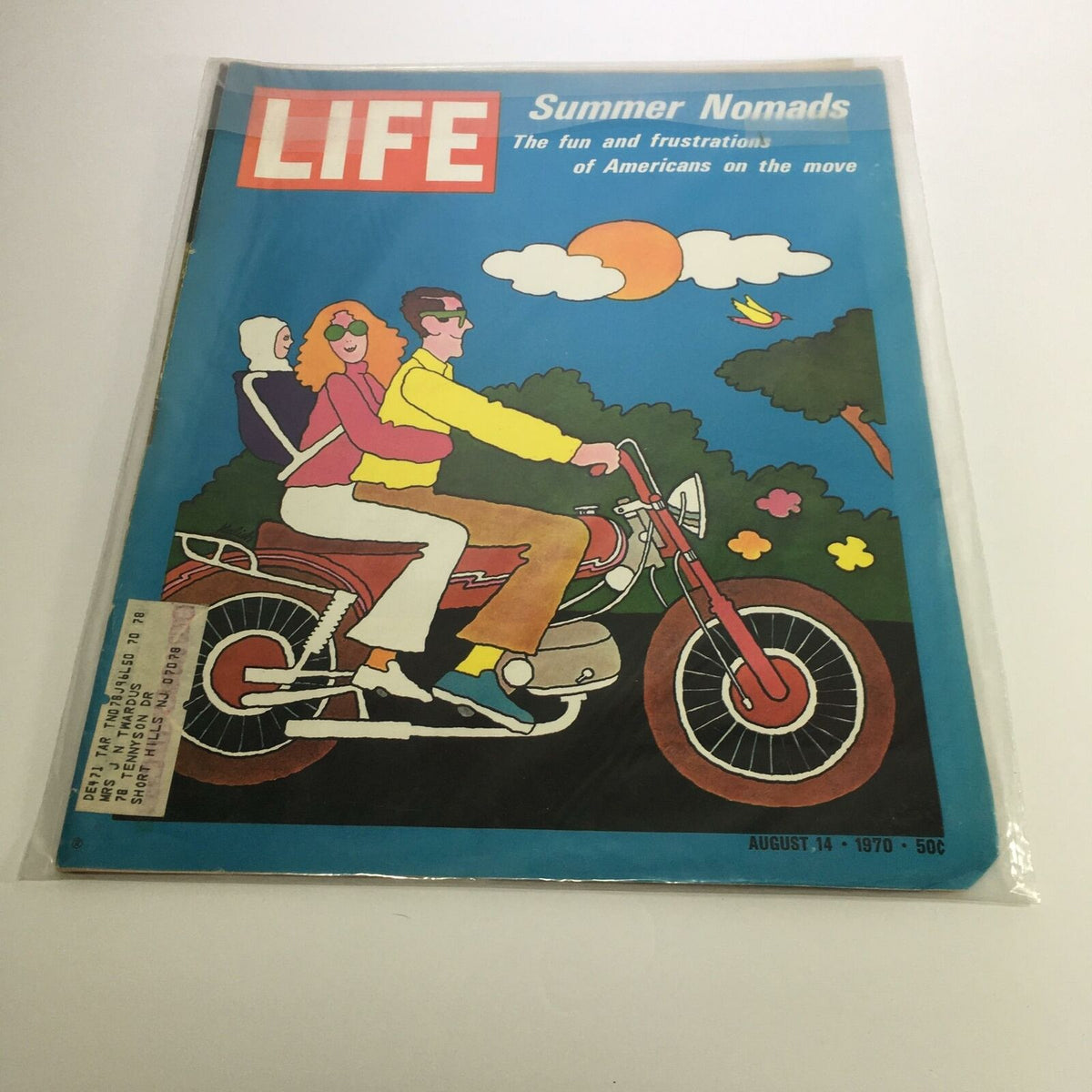 Cover of Life Magazine, August 14, 1970, featuring 'Summer Nomads: The Fun & Frustrations of Americans on the Move', illustrated with colorful imagery of a couple riding a motorcycle during a summer adventure.
