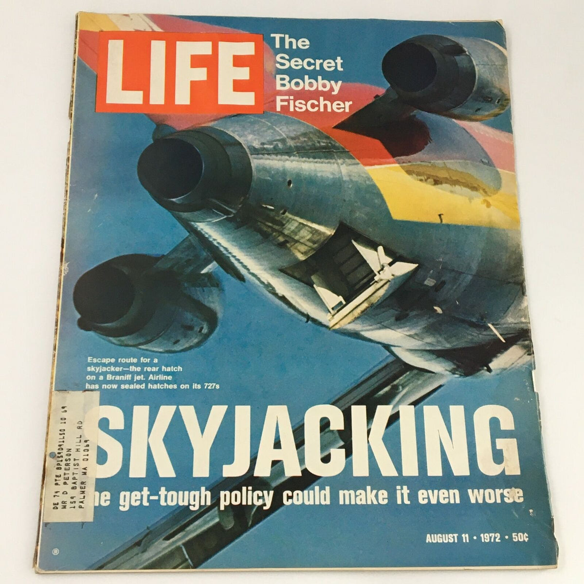 VTG Life Magazine August 11 1972 featuring 'The Secret Bobby Fischer' with a Braniff jet on the cover, highlighting a skyjacking theme.