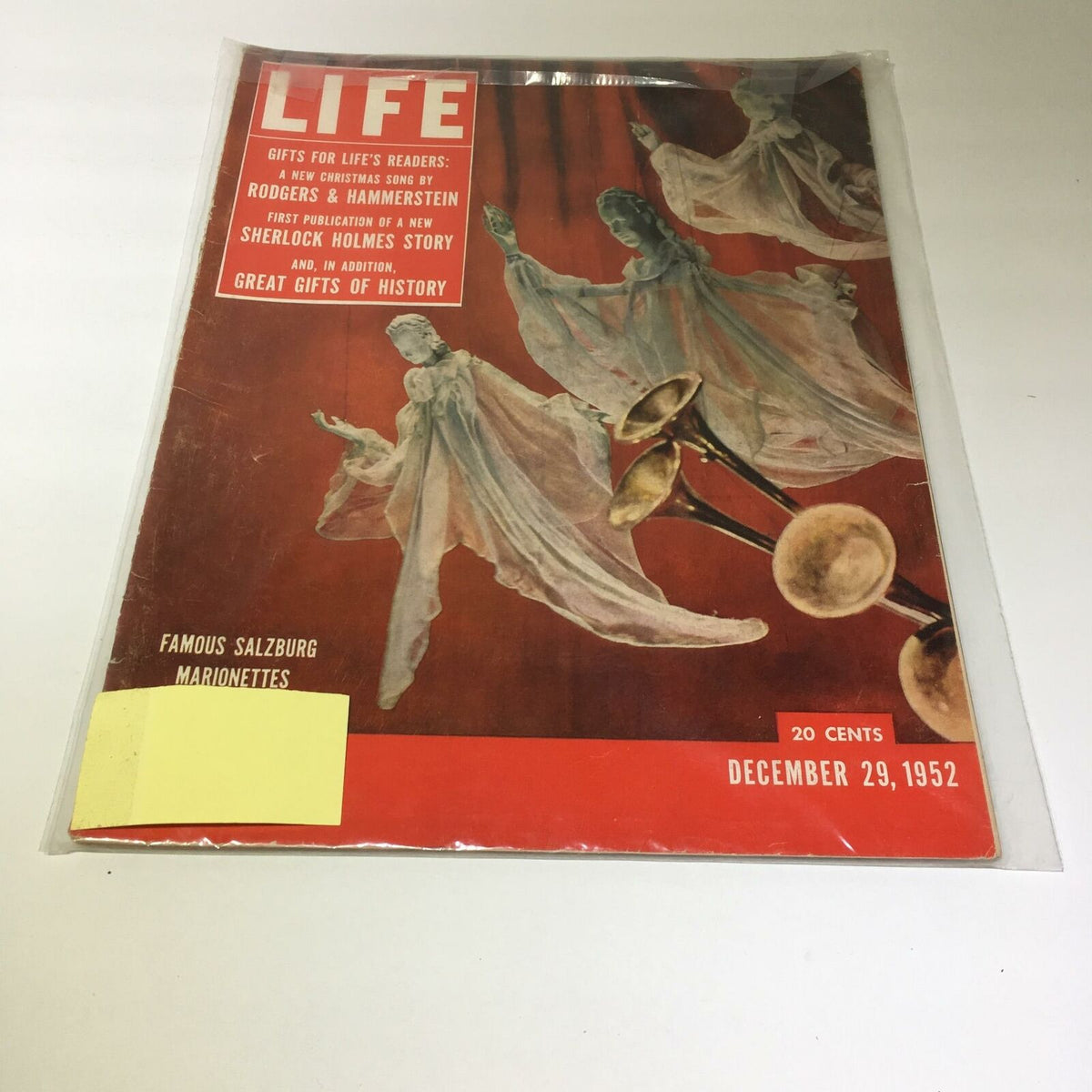 Vintage Life Magazine from December 29, 1952, featuring The Famous Salzburg Marionettes on the cover. The magazine showcases marionette theater with an enchanting illustration, presented in protective plastic wrap.