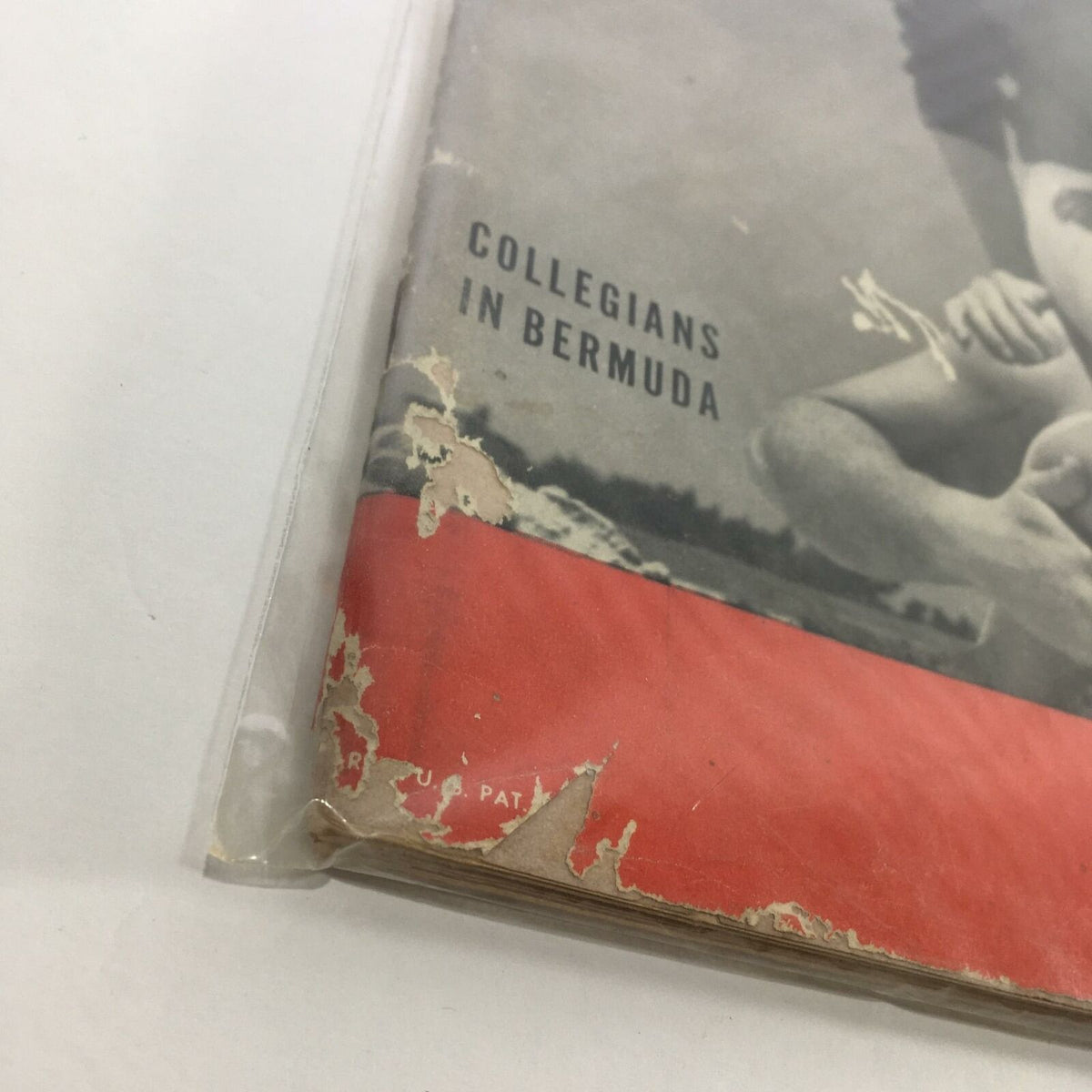 Close-up view of the corner of Life Magazine, April 26, 1948, featuring the title 'Collegians in Bermuda' with visible wear and tear indicating its vintage condition.