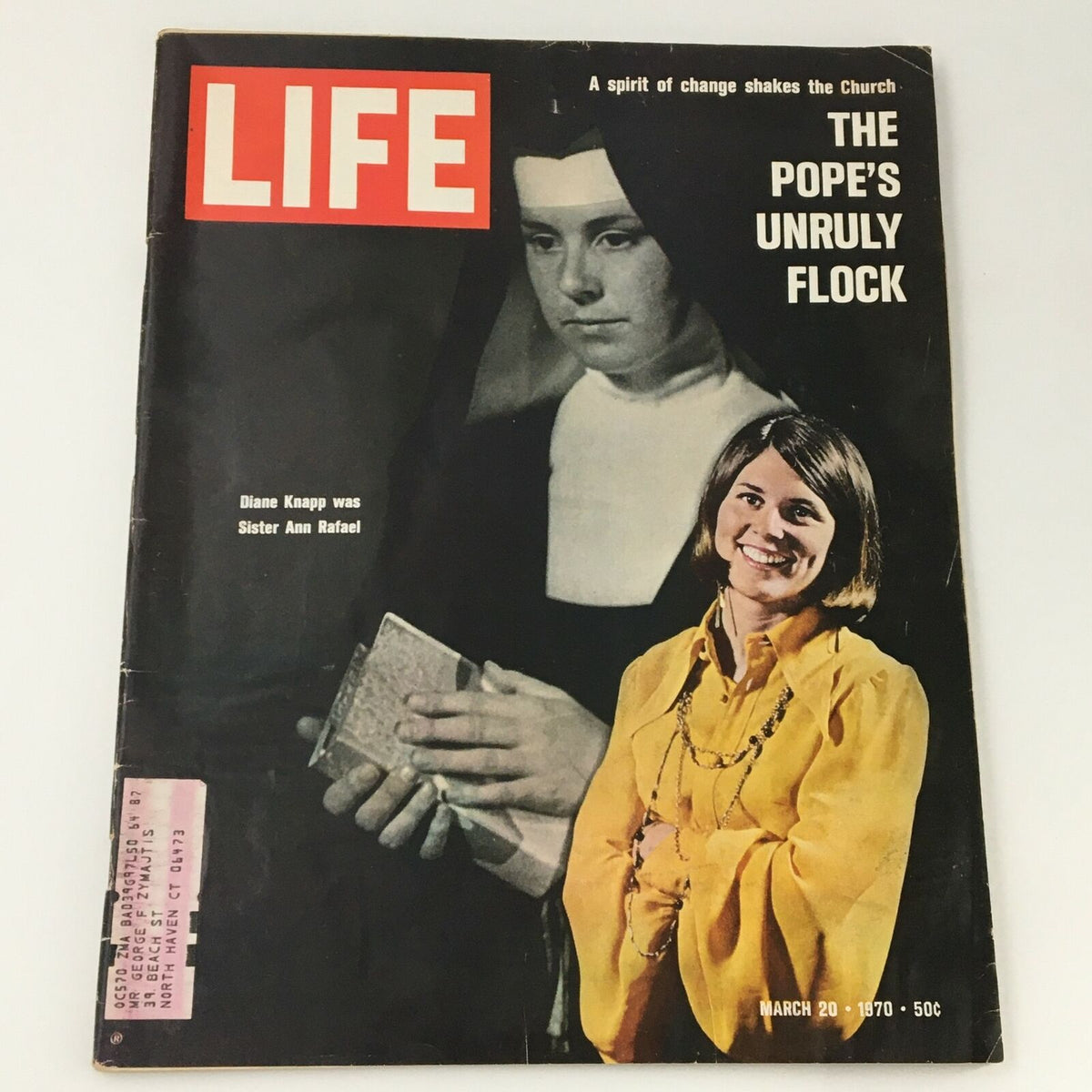 VTG Life Magazine March 20 1970 featuring Diane Knapp as Sister Ann Rafael on the cover, showcasing a striking image of a nun and a smiling woman in a yellow blouse, representing cultural changes of the 1970s.