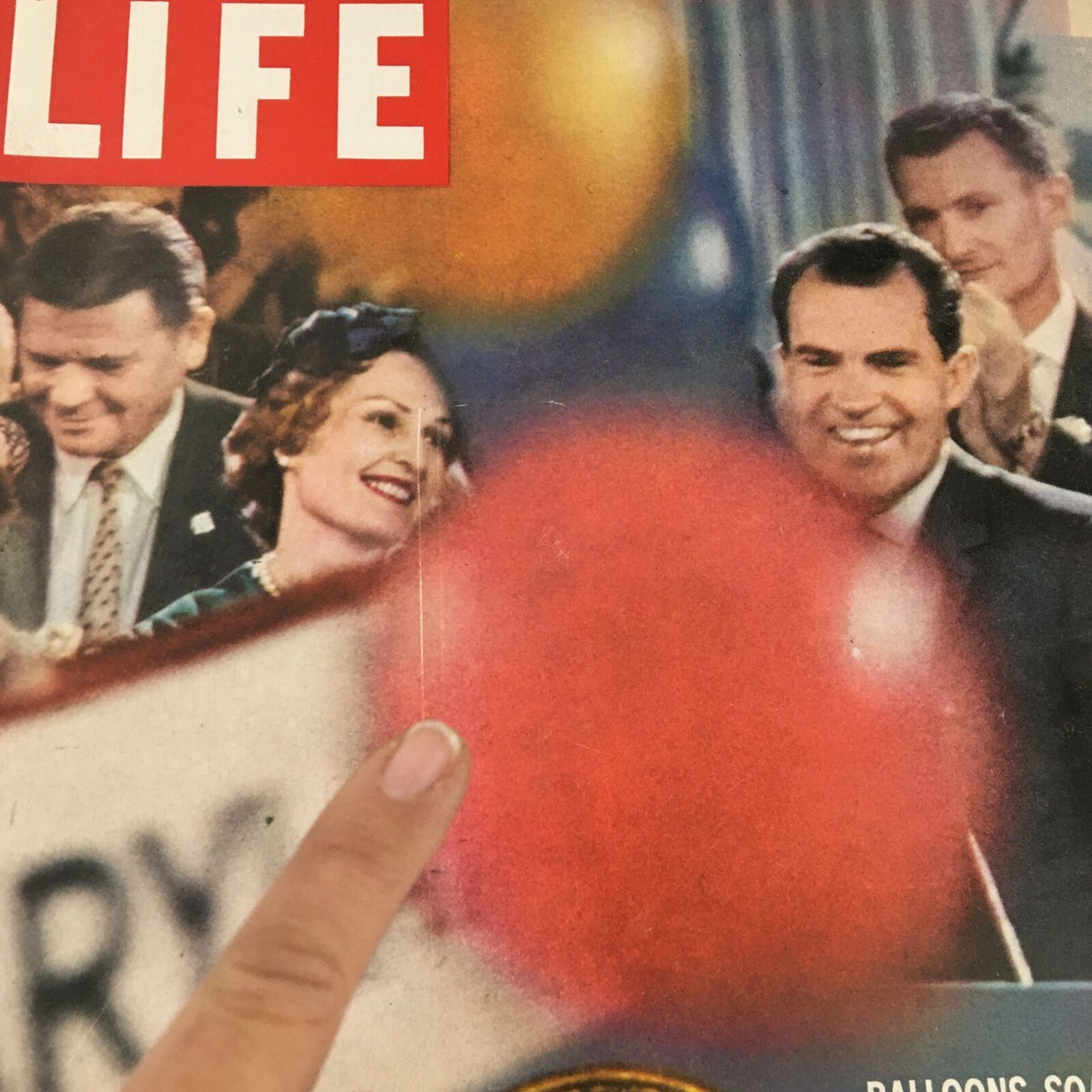 Close-up view of VTG Life Magazine August 8 1960 cover with Richard Nixon and campaign balloons, showcasing the excitement of the Nixon campaign.