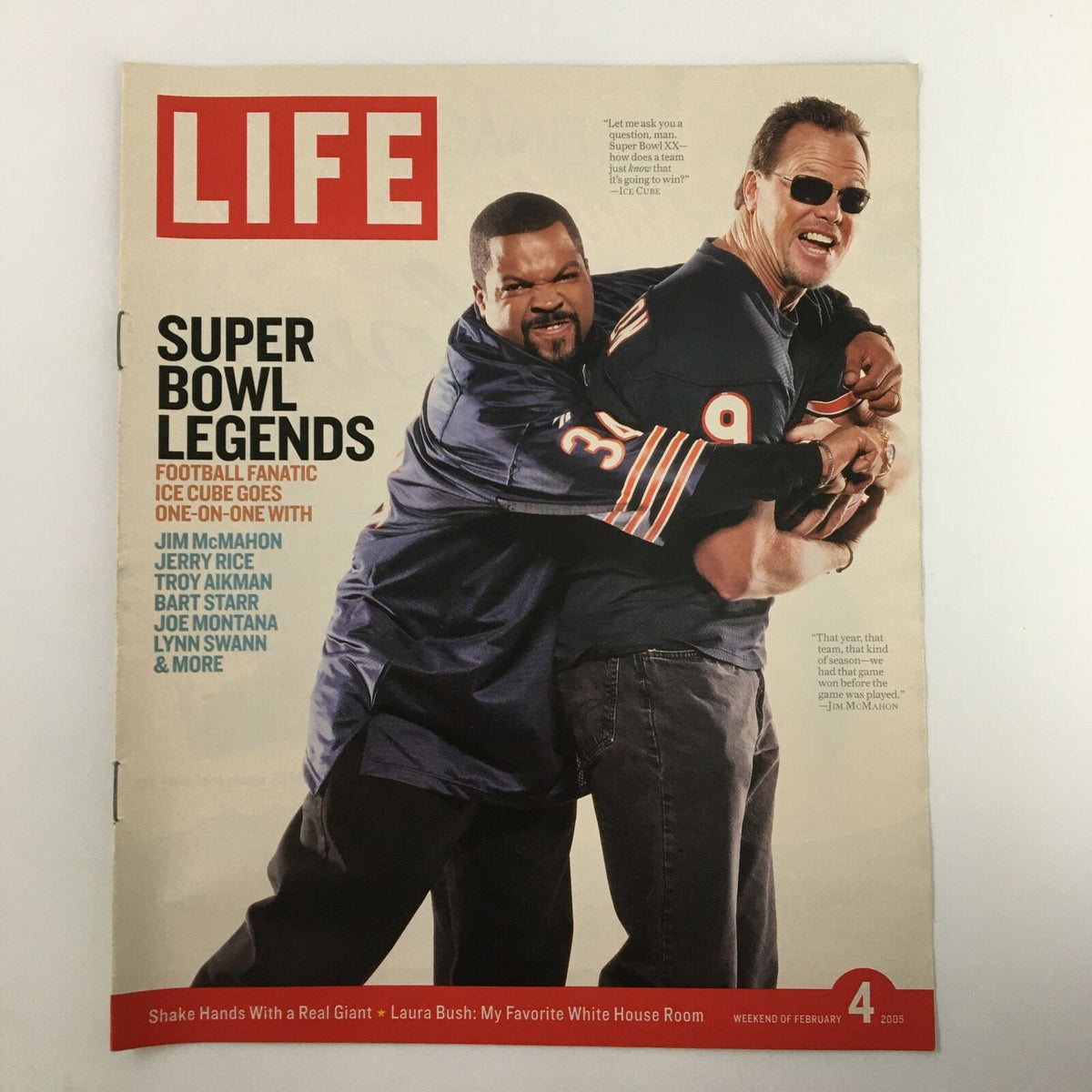 Life Magazine Newspaper Insert featuring Ice Cube and Jim McMahon on the cover, dated February 4, 2005. This collectible magazine highlights iconic figures in pop culture and sports.