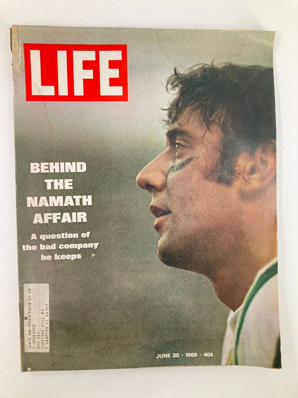 Cover of VTG Life Magazine June 20 1969 featuring the headline 'Behind The Namath Affair' with a close-up profile of Joe Namath, highlighting a pivotal moment in American sports culture.