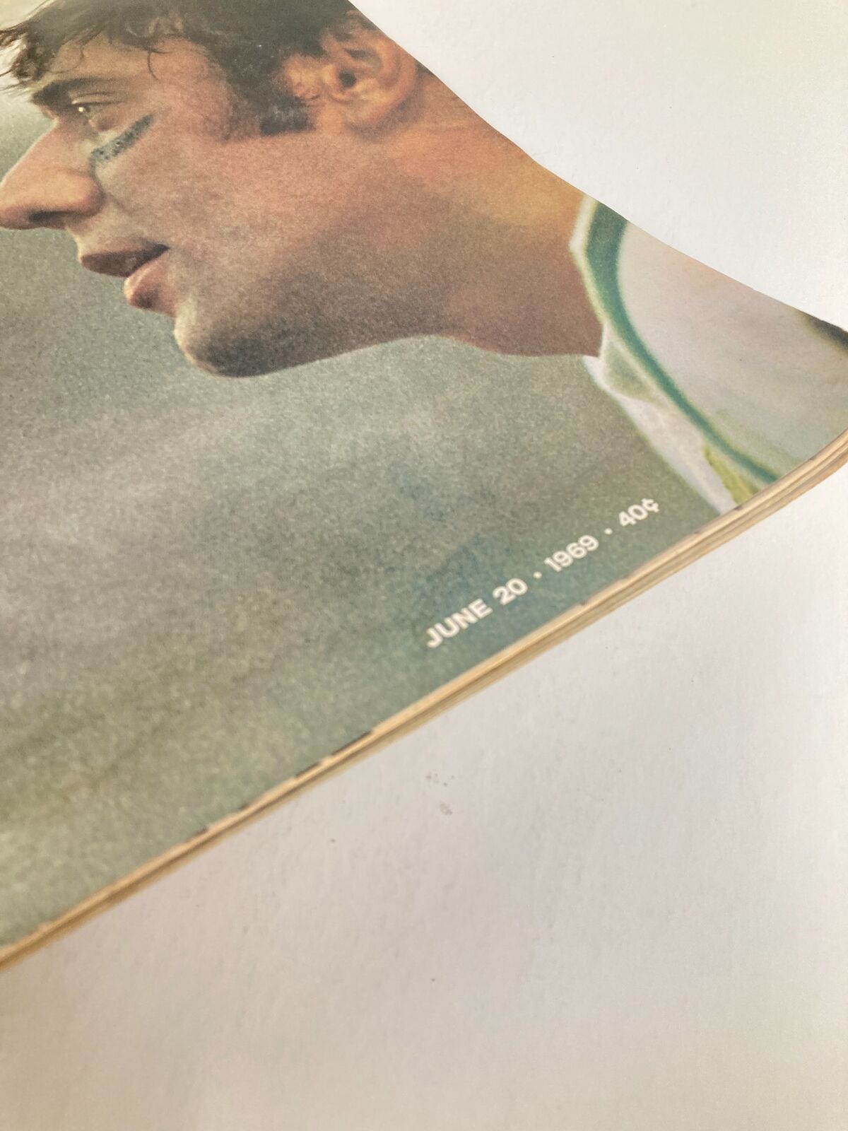 Side view of the VTG Life Magazine June 20 1969 featuring a close-up of Joe Namath's profile with the date 'JUNE 20, 1969' displayed.