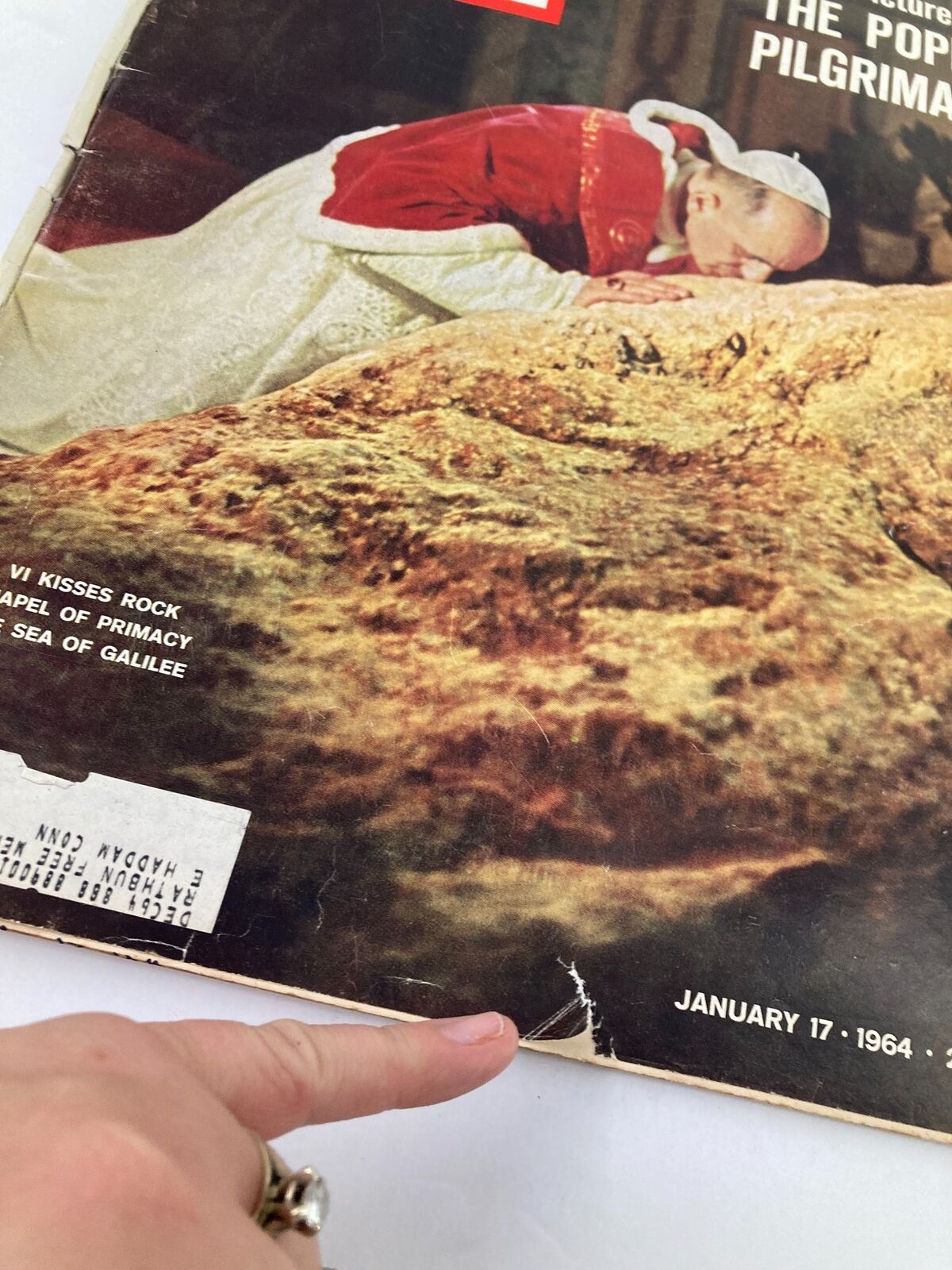 Cover detail of VTG Life Magazine January 17, 1964 featuring Pope Paul VI kissing a rock at the Sea of Galilee, highlighting minor wear and imperfections.