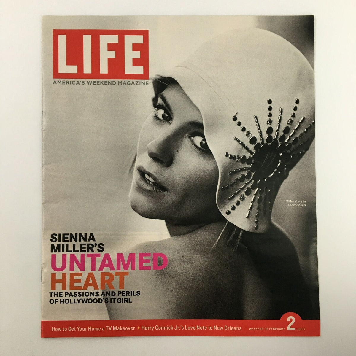 Life Magazine Newspaper Insert featuring Sienna Miller, dated February 2, 2007. The cover showcases the actress in a striking hat, highlighting her captivating beauty and allure.